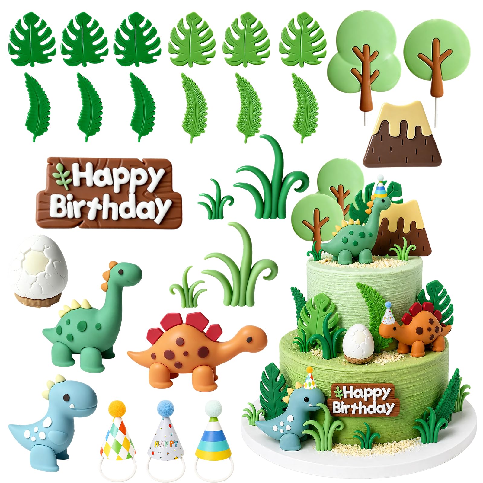 27Pcs Dinosaur Cake Toppers for Birthday Cakes, Safari Themed Party Decorations, 3D Dinosaur Figures with Volcano and Trees, Ideal for Cake Decorating and Educational Play