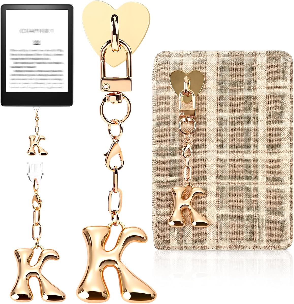 Charm y cadena para tapón antipolvo para Kindle, abalorios de letras del alfabeto con gancho de corazón extraíble, puerto de cargador tipo C, accesorios para enchufe antipolvo compatibles con Kindle E-Reader/Tablet/Phone, regalos para amantes de los libros