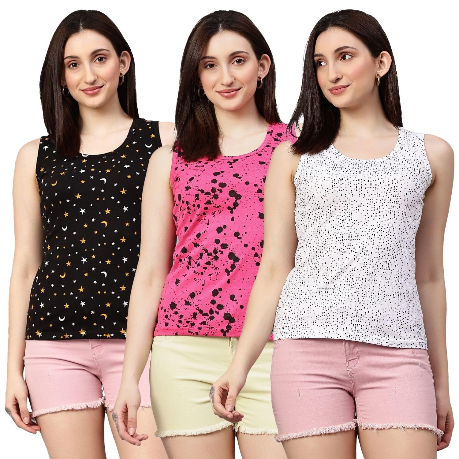 diaz Women's Super Combed Cotton Rib Fabric Slim Fit Tank Top-Pack of 3-picture-30