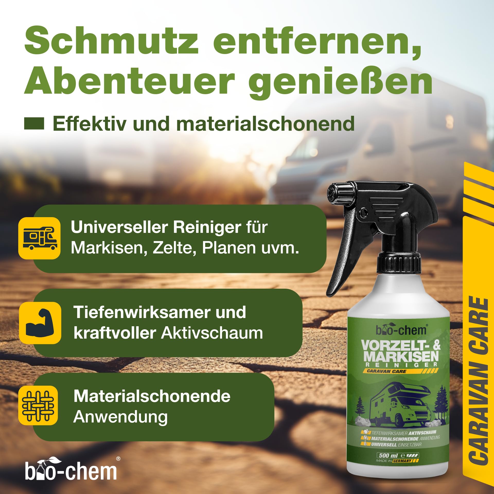 bio-chem Środek do czyszczenia markiz i dachów, 3 x 0,5 l | Produkt do mycia namiotu, markizy kempingowej, przyczep kempingowych i namiotów dachowych - wyprodukowane tkaniny
