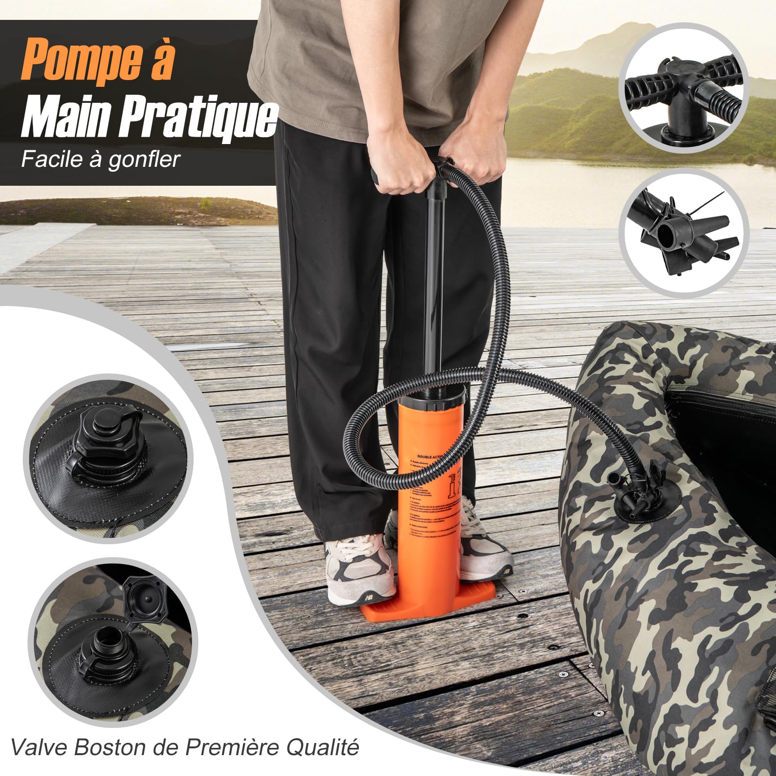 GOPLUS Barco de Pesca Inflable, Barca Hinchable con Respaldo y Correas Ajustables, Bomba Manual, Remo, Aletas, Soporte para Caña de Pescar, Regla de Peces, Almacenamiento, Carga 150 KG, Camuflaje