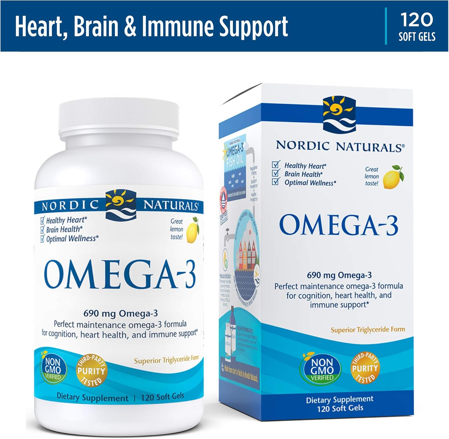 Nordic Naturals Omega-3, Lemon Flavor - 690 mg Omega-3-120 Soft Gels - Fish Oil - EPA & DHA - Immune Support, Brain & Heart Health, Optimal Wellness - Non-GMO - 60 Servings : Health & Household