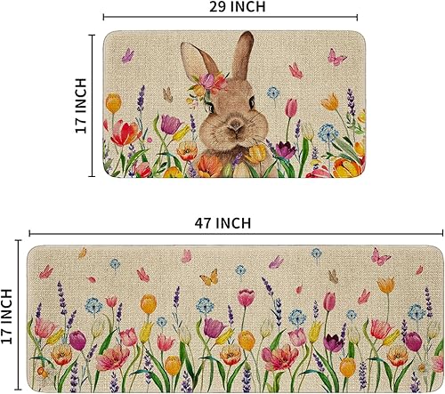 Miniatura 3 de Juego de 2 tapetes y tapetes de cocina de Pascua, diseño de conejito floral de acuarela, decoración de cocina de primavera, tapete antideslizante y