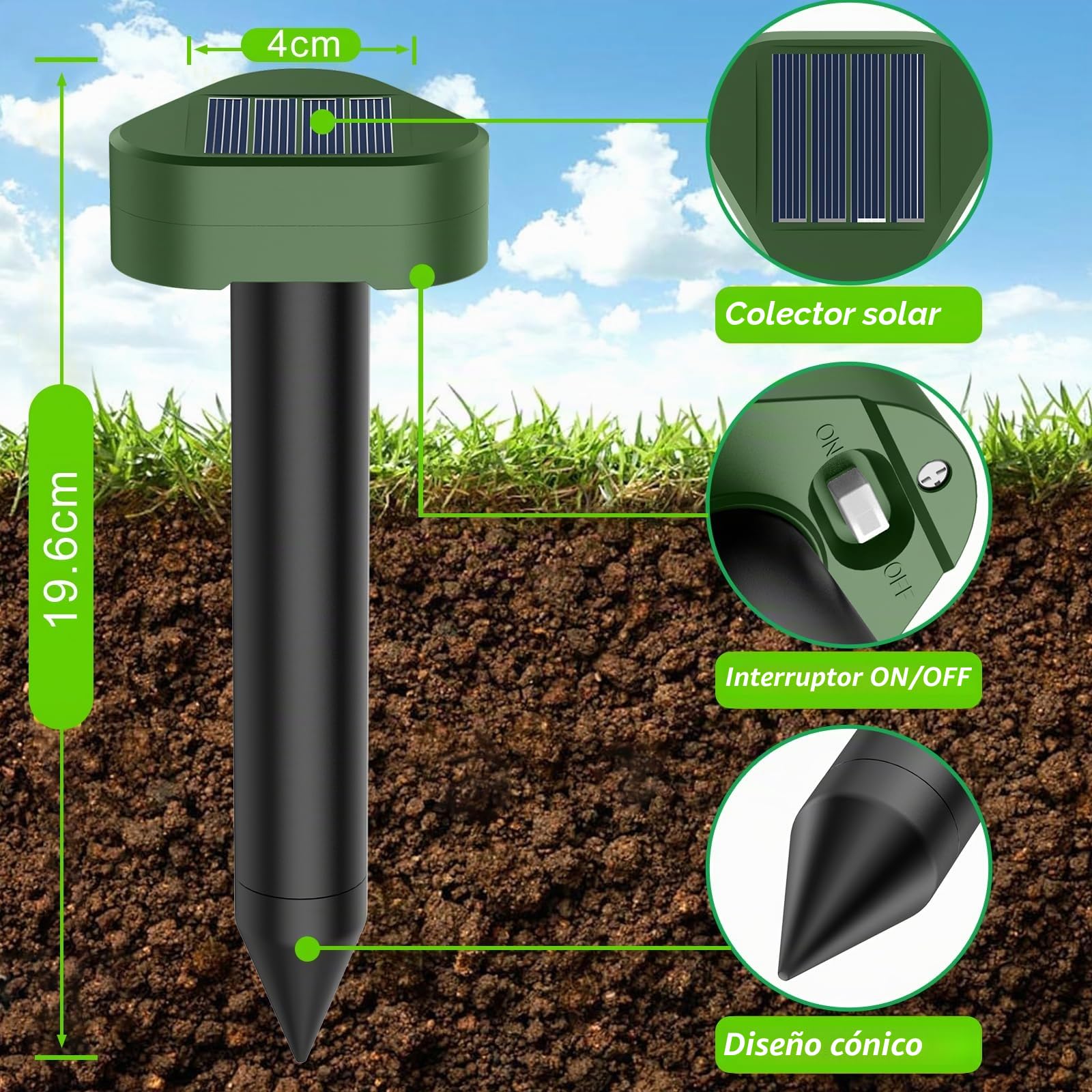Solar Ultrasónico Ahuyentador de Topos 4 Piezas, Impermeable Repelente para Ratas Ultrasónico Solar Se Utiliza para Repeler Topos, Topillos, Serpientes y Lagartos Protege el Césped y Los Jardines