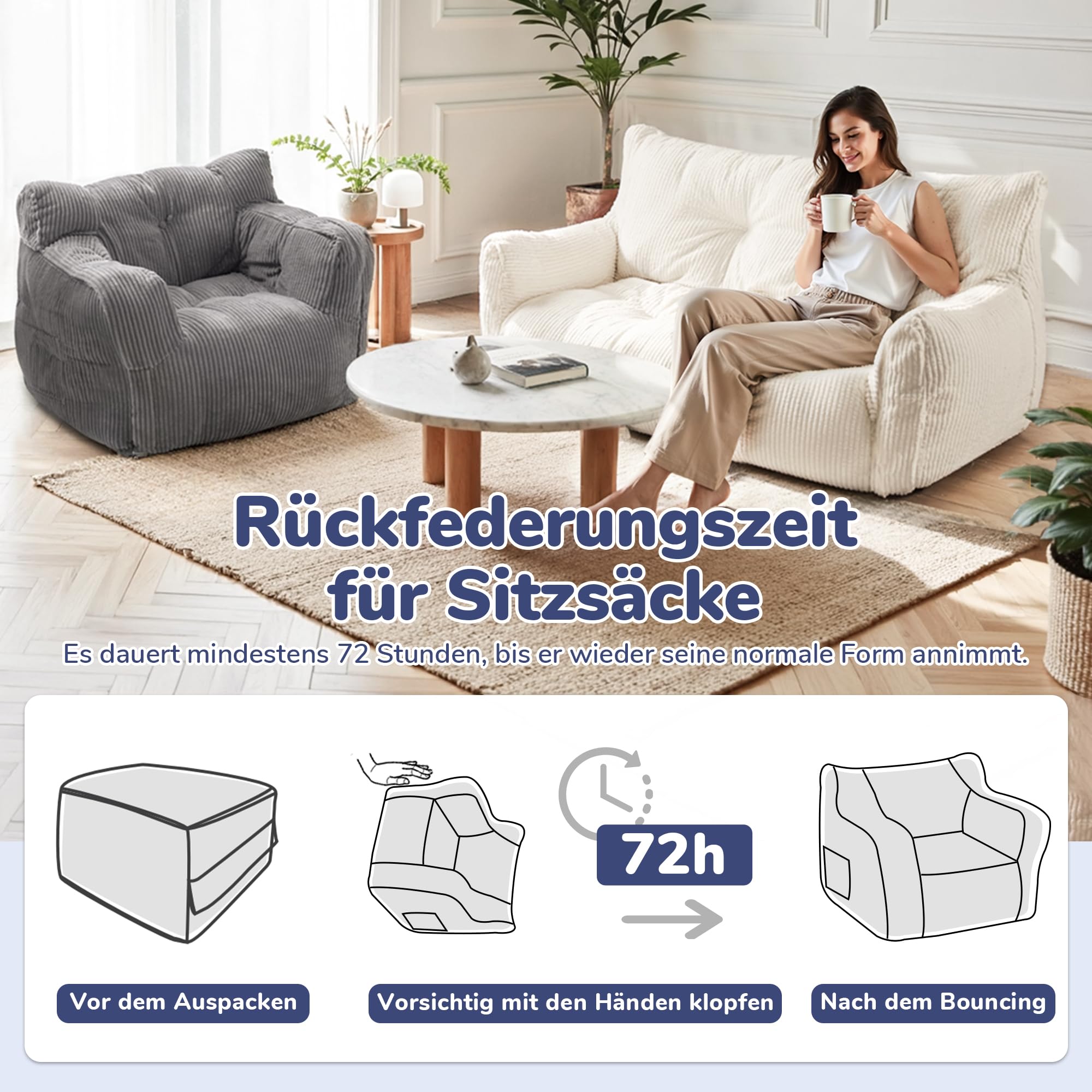 Pamapic Sitzsack, Sitzsack Erwachsene mit Füllung, Doppeltes Lounge Sessel mit Tragbarem Griff, Modernes Ergonomisches BeanBag, Indoor Sitzsäcke Stuhl für Wohnzimmer, Schlafzimmer, Spielzimmer, Beige