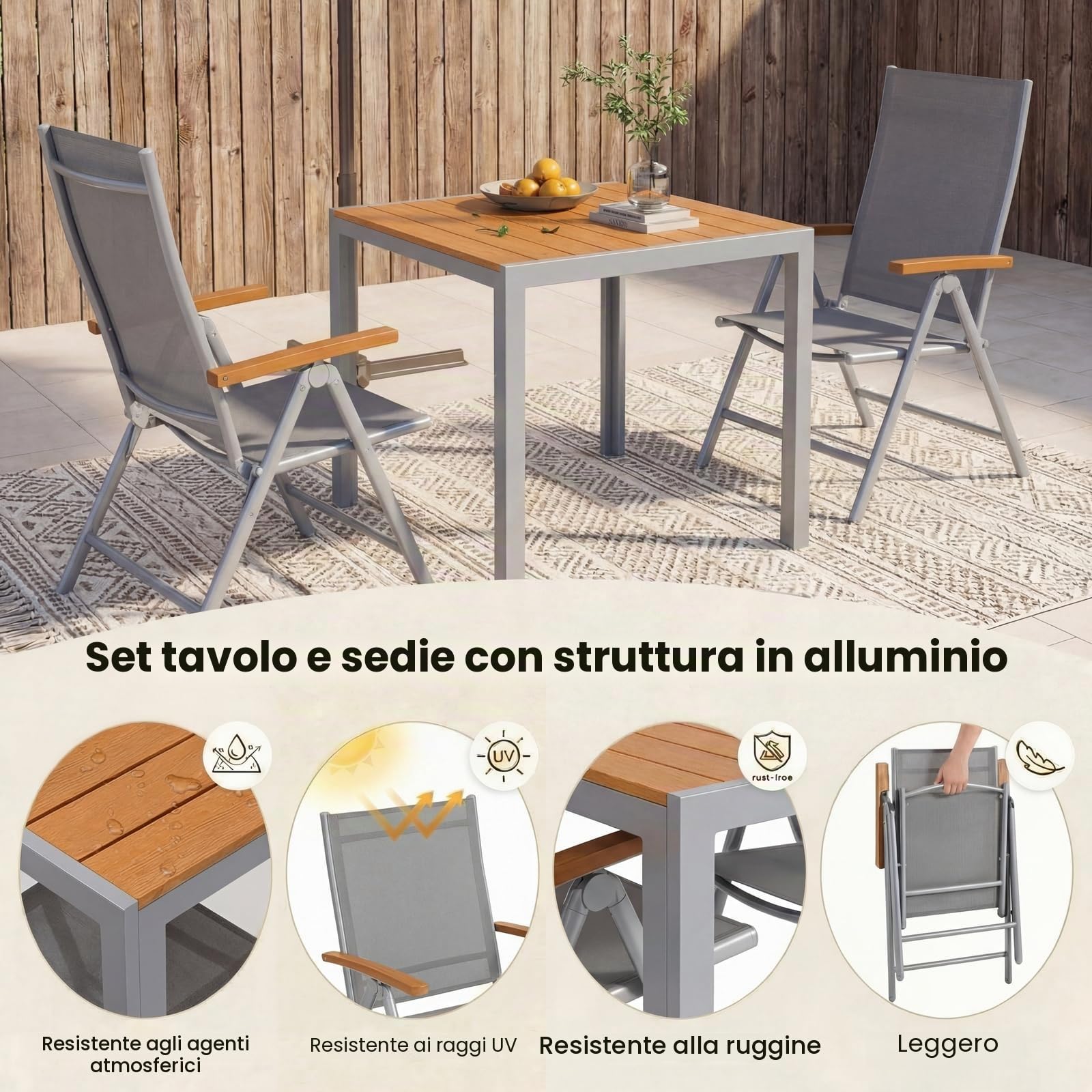 LIFERUN Set Giardino Esterno 3 Pezzis, Aluminium Tavolo da Giardino con Sedie, Tavolo e Sedie da Balcone, 2 Sedie Pieghevoli e Tavolino 75x75 cm, Salottino da Giardino, Marrone Teak+Grigio Chiaro