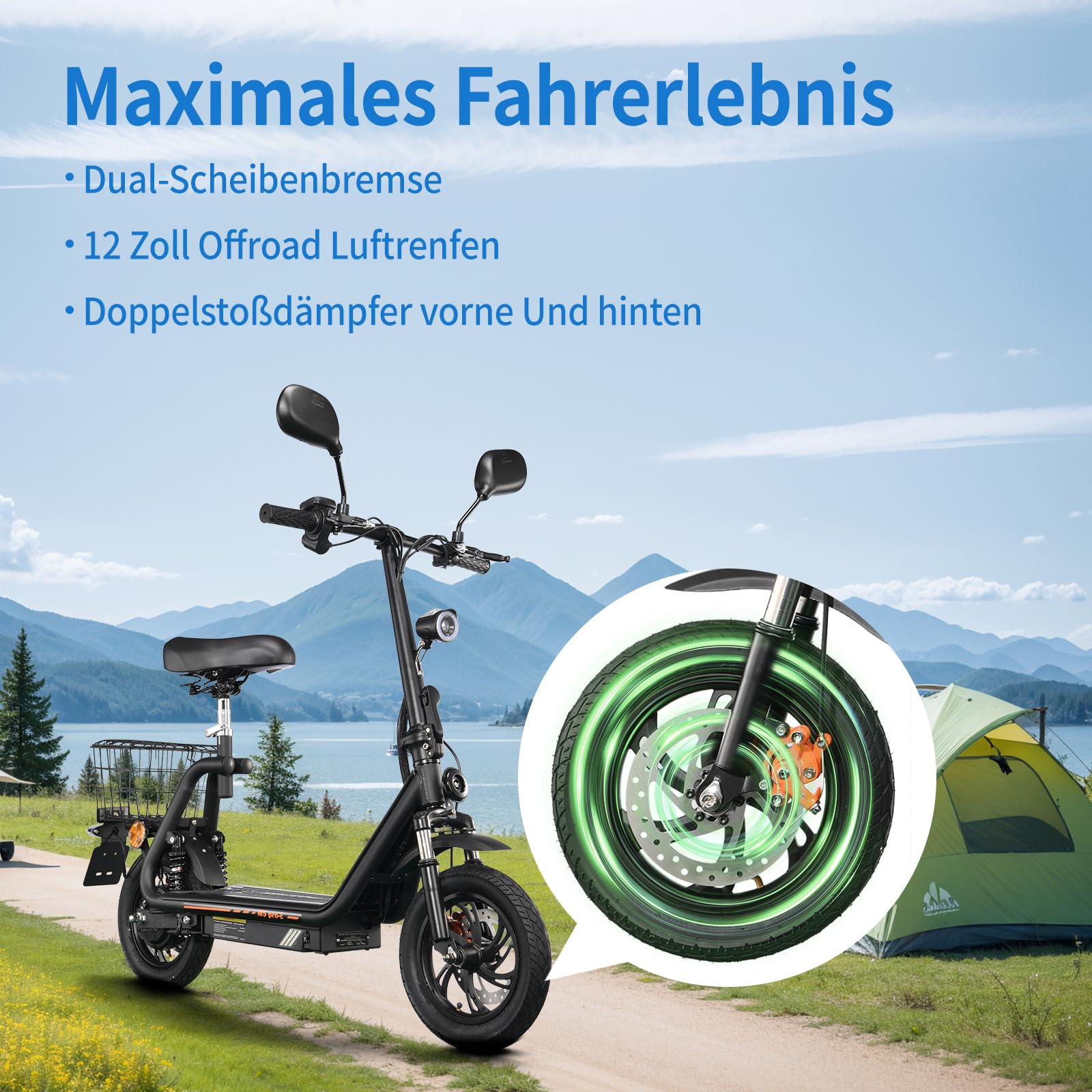 TWOFISH E Moped mit Straßenzulassung, Elektro Motorrad für Erwachsene mit 500W Motor 48V 13Ah Akku, 12/14 Zoll Reifen, IPX4, Display, Rückspiegel, Stoßdämpfendes Design