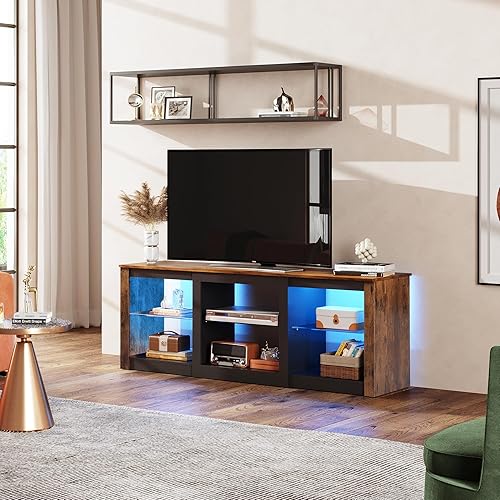 Miniatura 2 de WLIVE Soporte de TV con luces LED para televisores de hasta 65 pulgadas, centro de entretenimiento con estantes de cristal, moderno soporte de TV