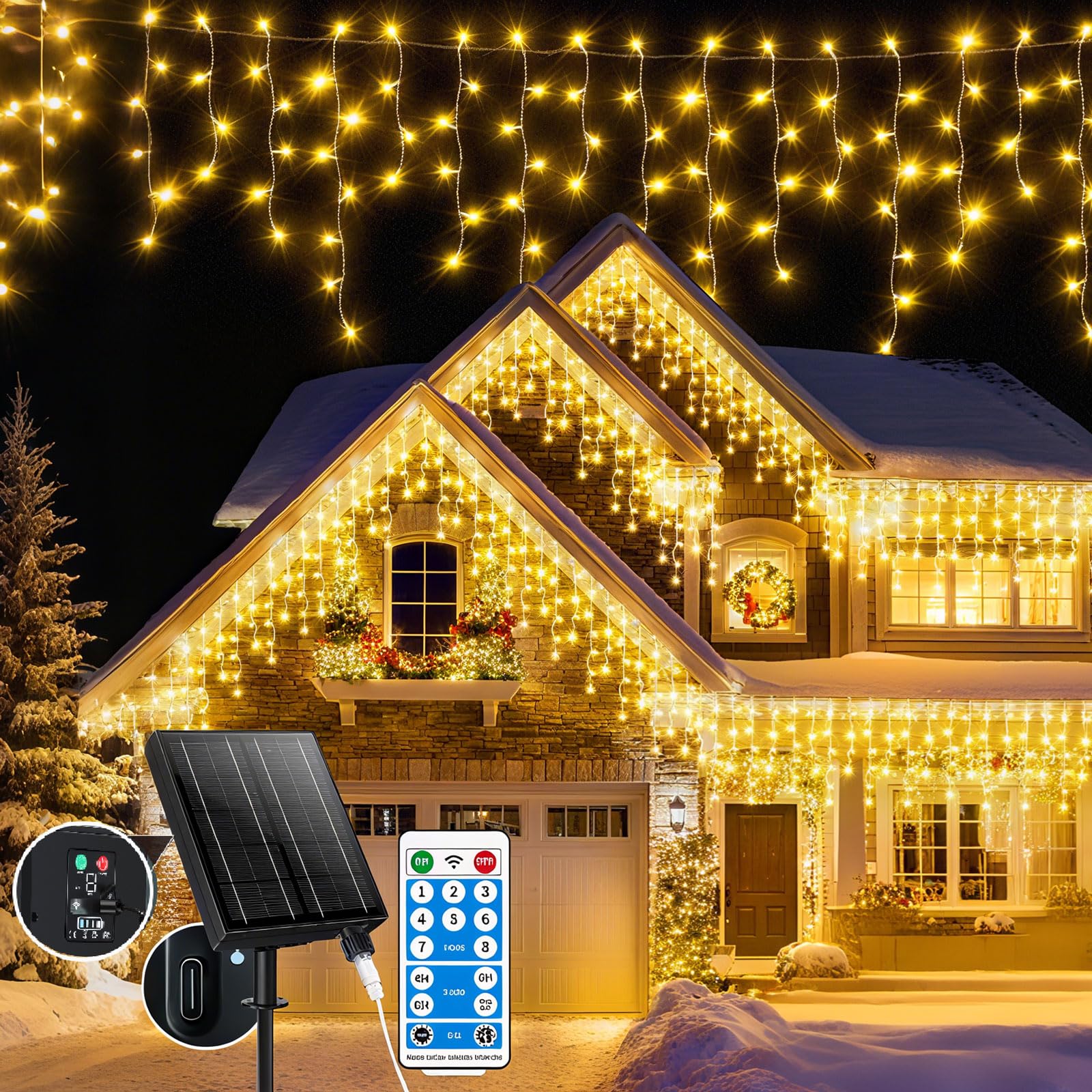 Solar Eisregen Lichterkette,Solarenergie und Wiederaufladbar,20m +5m 660 LED IP65 Wasserdicht, Mit 8 Modi & Timer und Speicher Weihnachtsbeleuchtung Außen für Balkon Fenster Haus Geländer (Warm-Color)