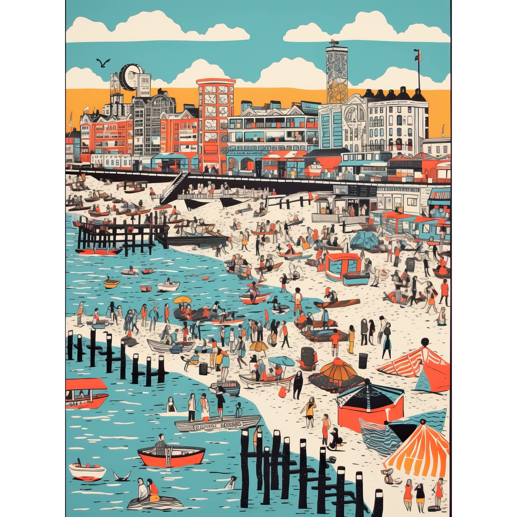 Artery8 Brighton Beach Warm Summer Day Colourful Scene Art Print Canvas Premium Wall Decor Poster Mural