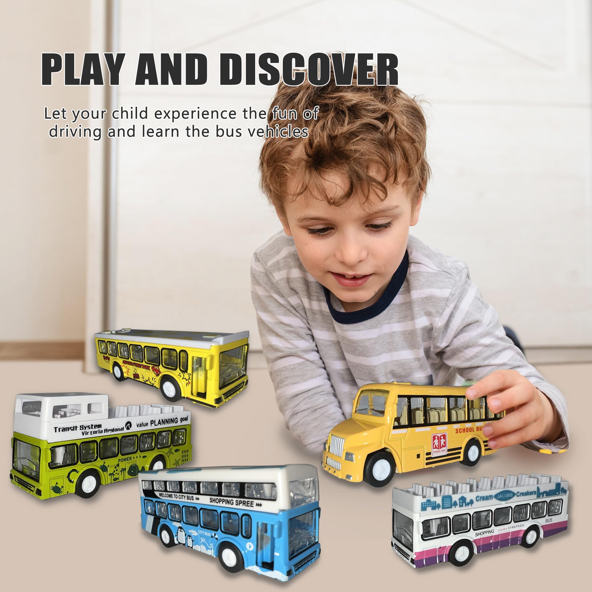 Juego de autos de juguete de metal fundido a presión para autobús escolar, vehículos de autobús urbano de dos pisos, puertas abiertas, autos de juguete para regalo de cumpleaños 2