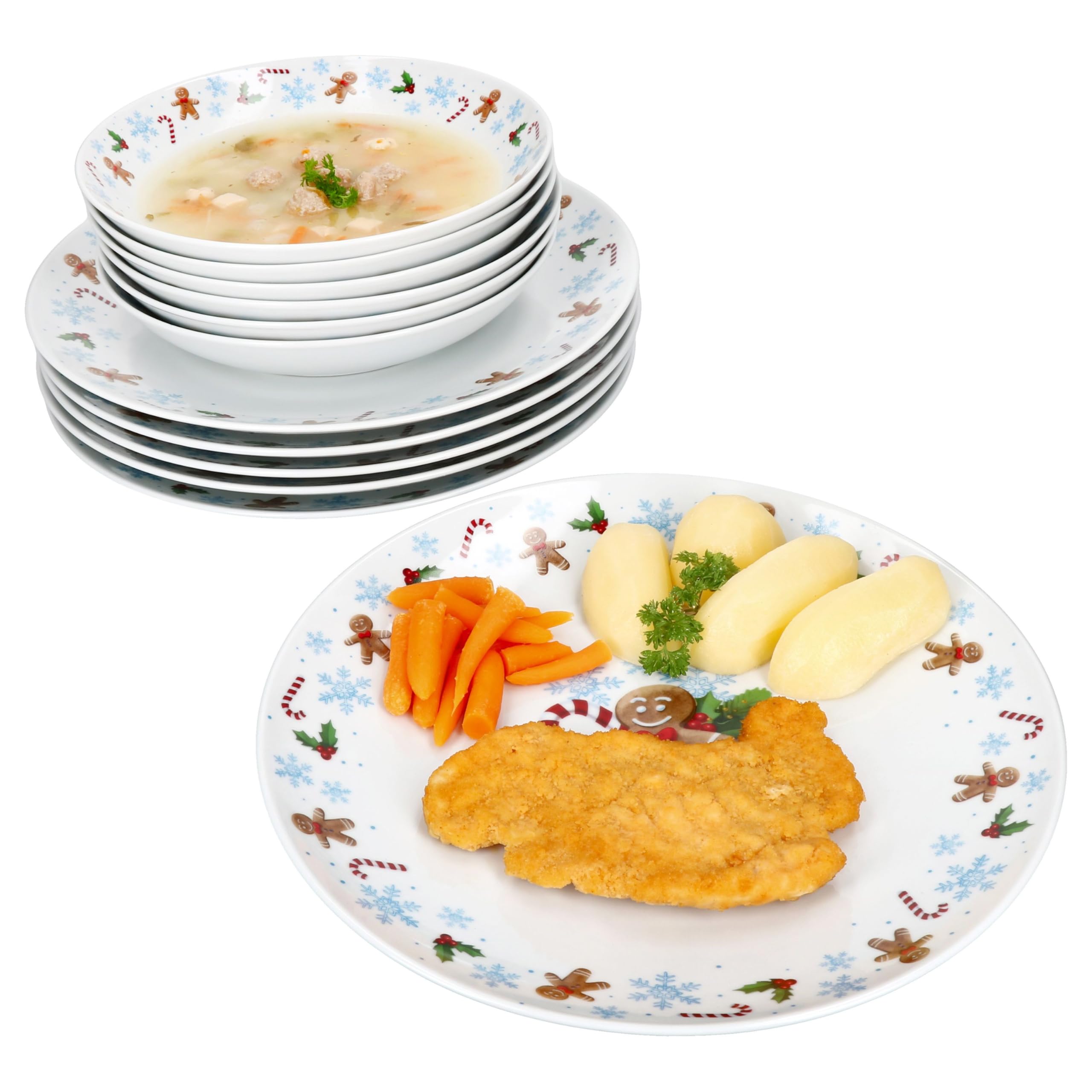MamboCat Service de table 12 pièces Candyman I Vaisselle en porcelaine pour 6 personnes avec décor de Noël bleu pâle I 6 assiettes creuses & 6 assiettes plates