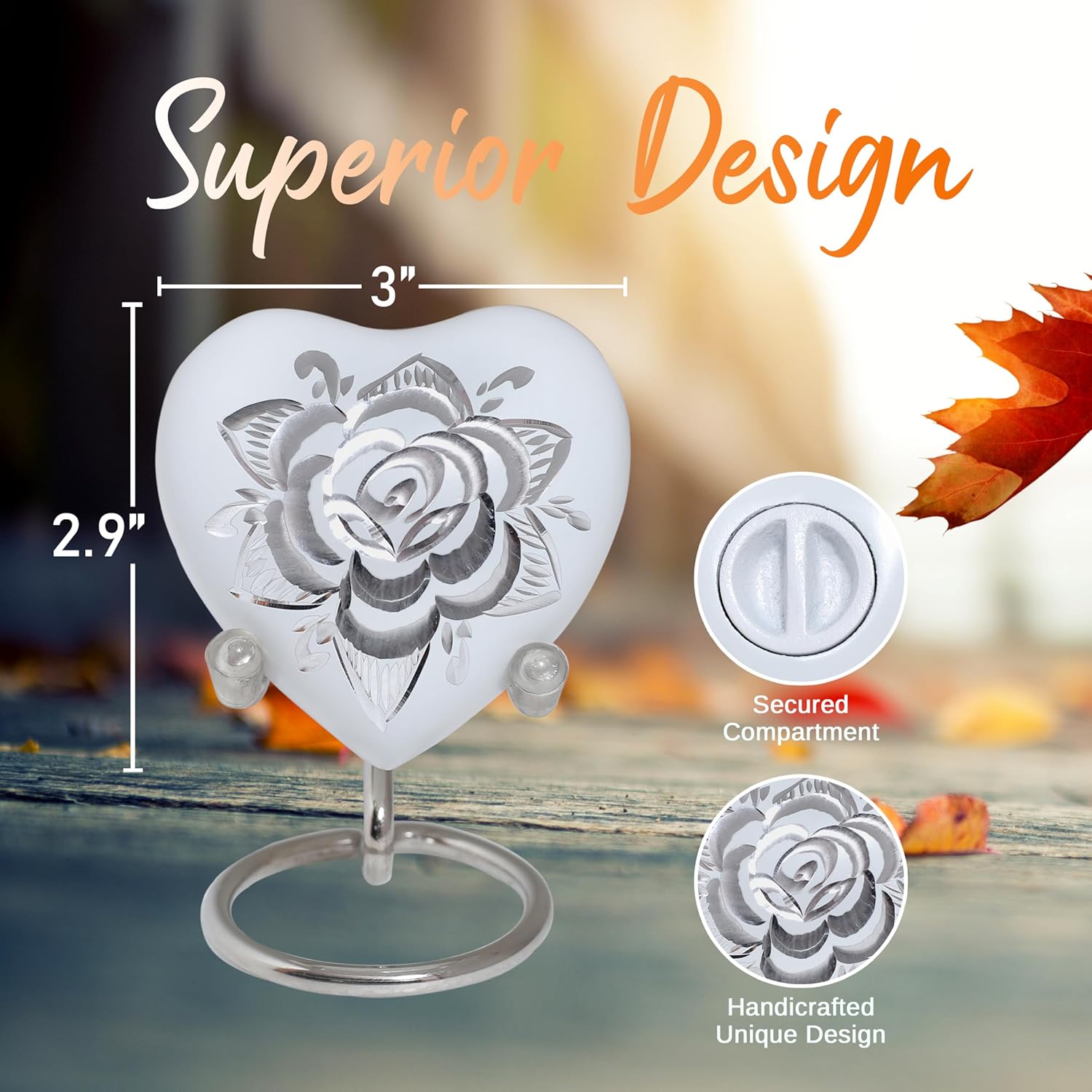 Rose Heart Keepsake Urn for Human Ashes Floral Mini Memorial Urn with Stand & Velvet Gift Box (White)