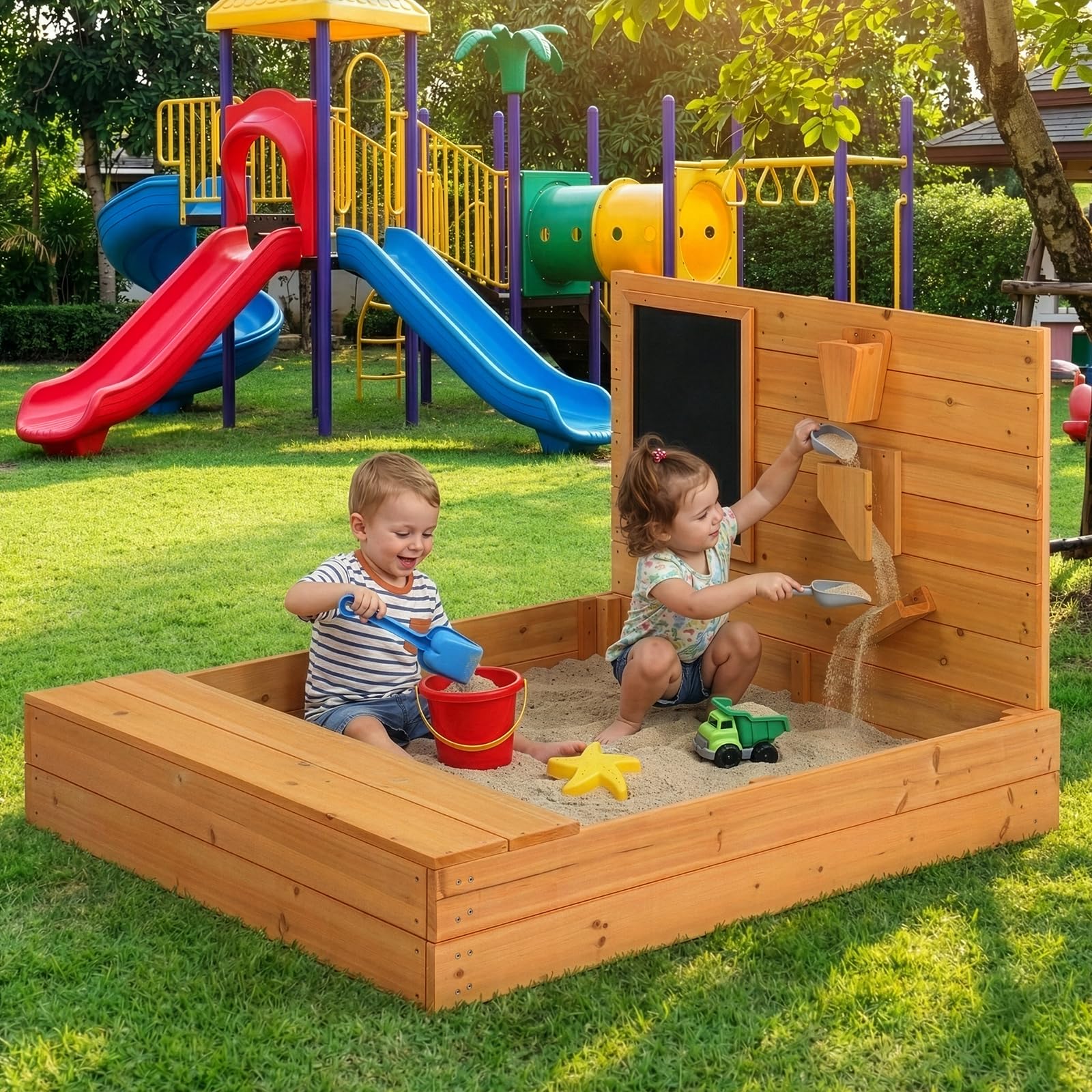 LEADZM Holz Sandkasten für Kinder mit Sitzbank, Tafel und Trichter, 120 x 115 x 76,5 cm, Großes Outdoor-Sandkasten für Garten, Strand und Park, für Kinder im Alter von 3 bis 12 Jahren