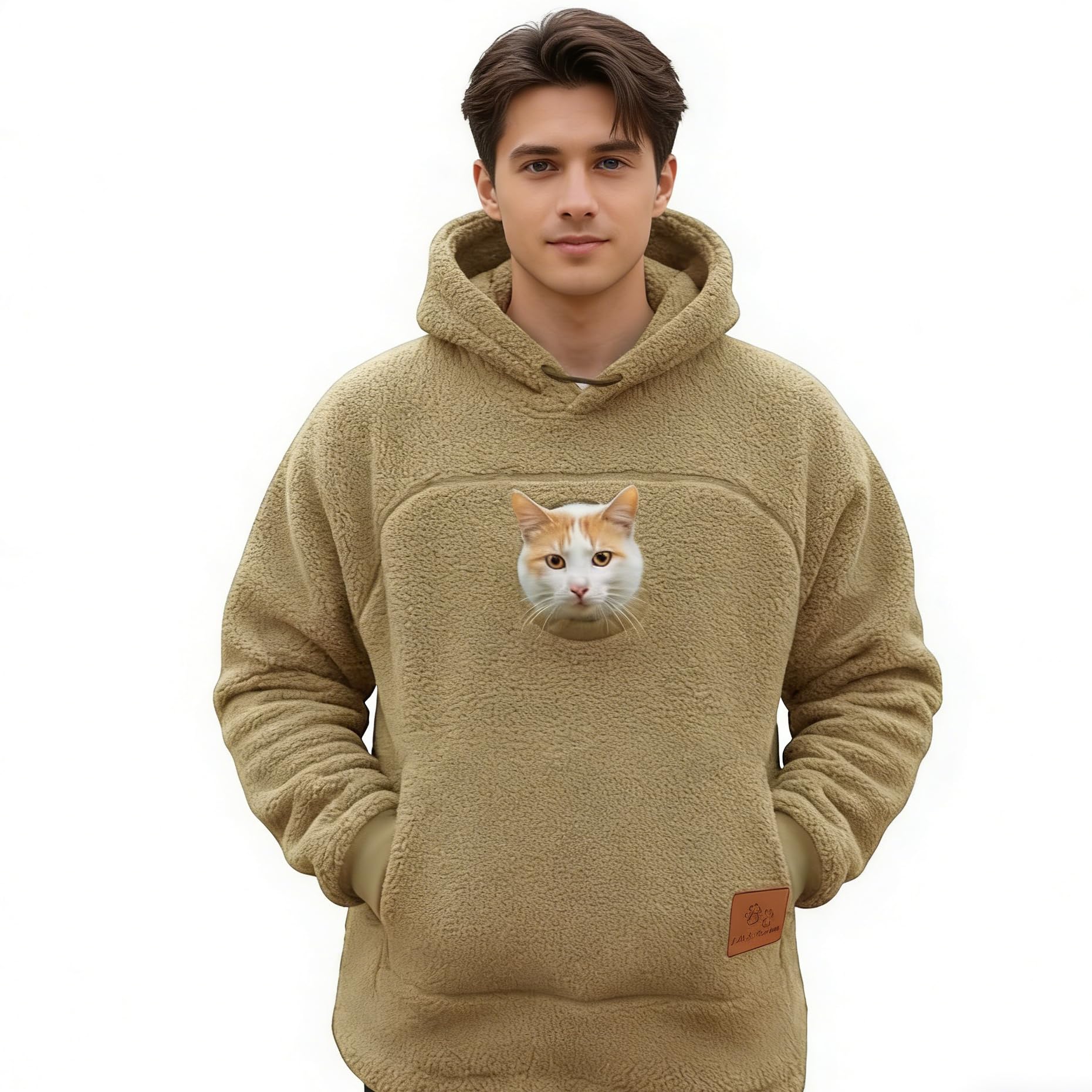 Khaki Cat Pouch Hoodie for Women Men, Zipper Kangaroo Pocket Pet Carrier Hoodies with Dog Fleece Warm Toasty Sweatshirt Home Walk Care Unisex Outdoor Causal Comfortable Walking Sweatshirts