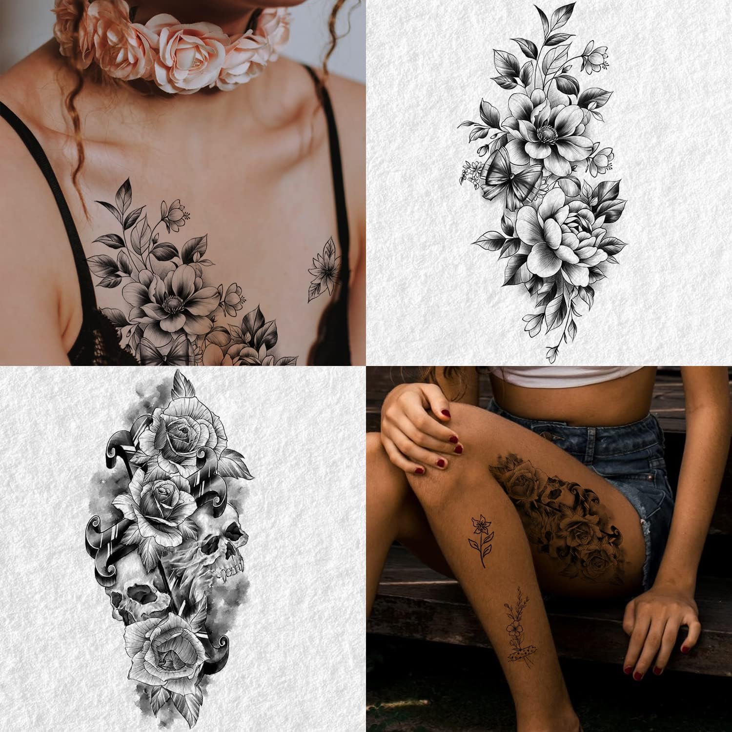 Tatouage Temporaire Rose Et Love – étanche, Noir, Motif Fleur Pour Femme, Neuf