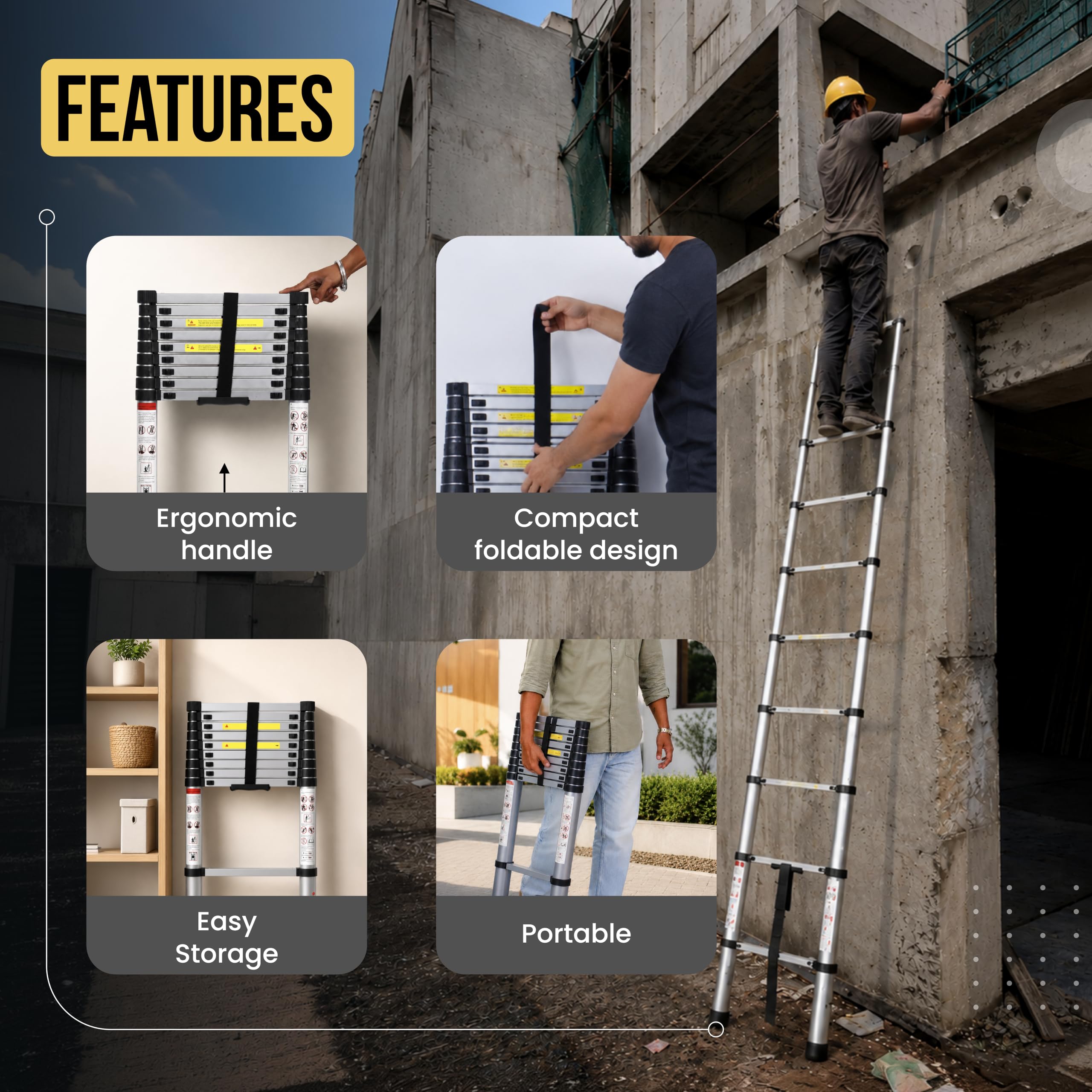 Robustt 9.5 FT / 290 Cm Telescopic Folding Ladder | 150 kg Load Capacity| Locking Steps| Collapsible | Portable Ladder for Home, Construction and Outdoor use | 2 Years Warranty — Amazon image 4