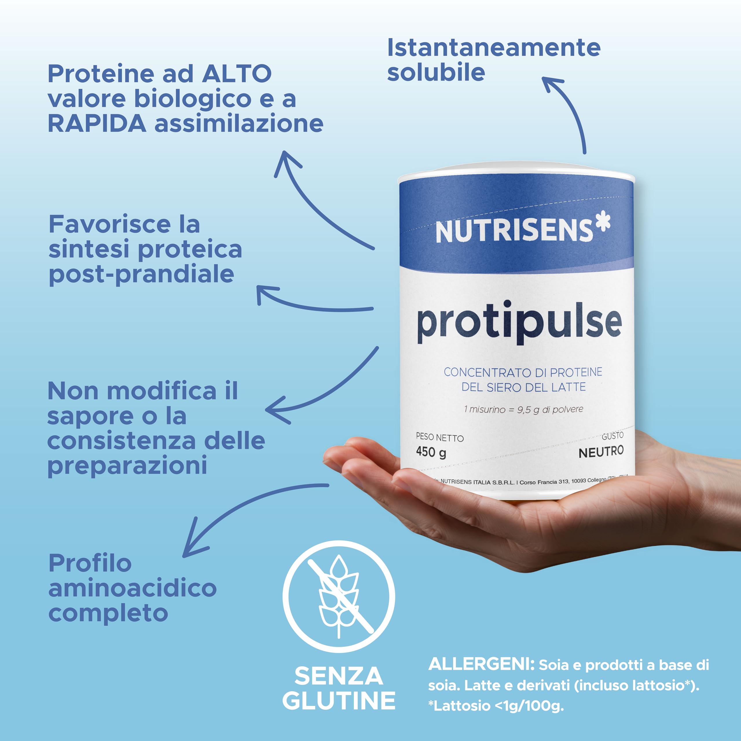 Protipulse - Polvere di Proteine Isolate del Siero di Latte - 450 g - Solubile - Integratore Nutrizionale per Aumentare l'Apporto Proteico - Senza Glutine