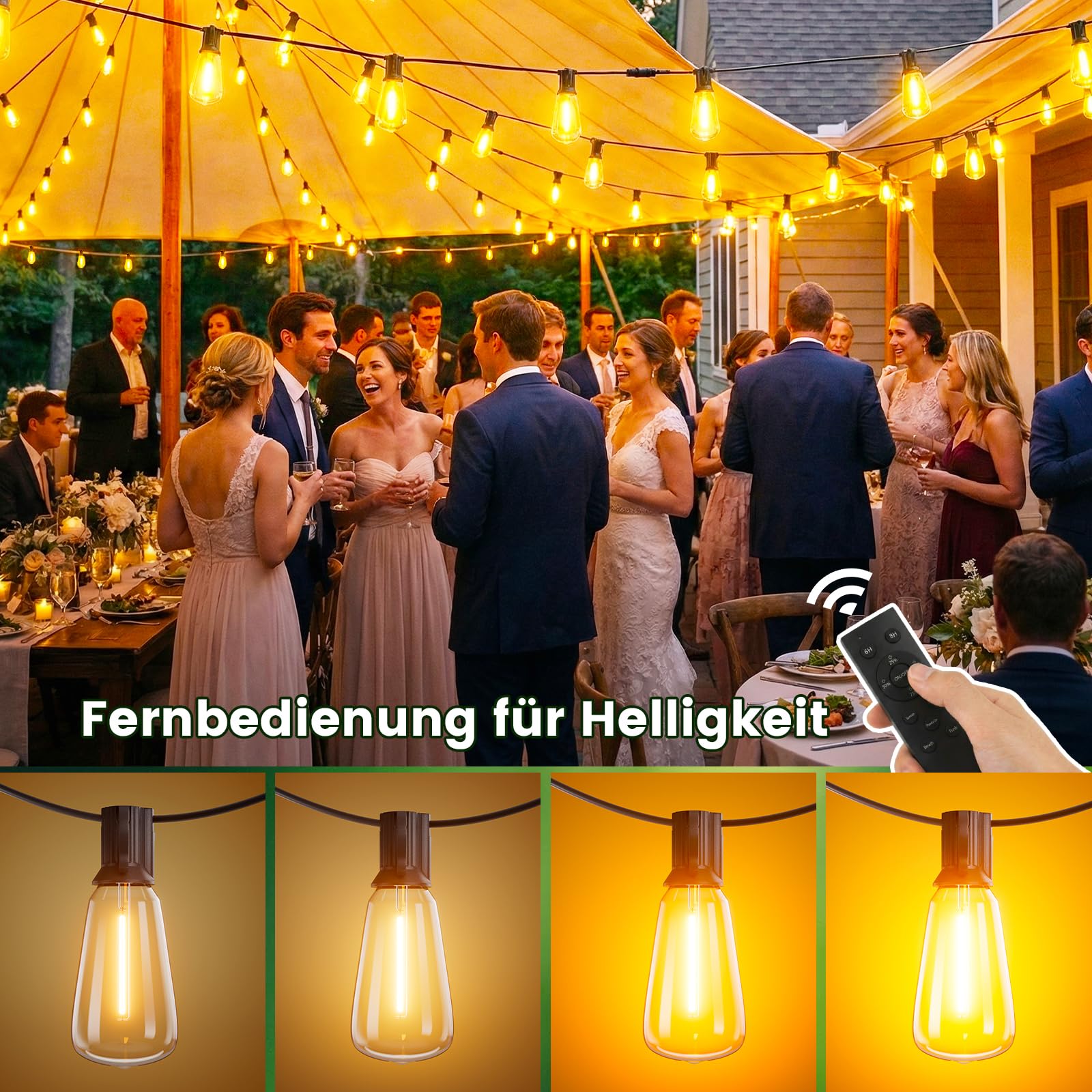 Yuusei Lichterkette Außen Strom, 36M Lichterkette Outdoor mit Fernbedienung, IP45 Wasserdicht, 46+2 ST38 Dimmbar LED-Glühbirnen für Garten Pavillon Balkon Camping Party Hochzeit