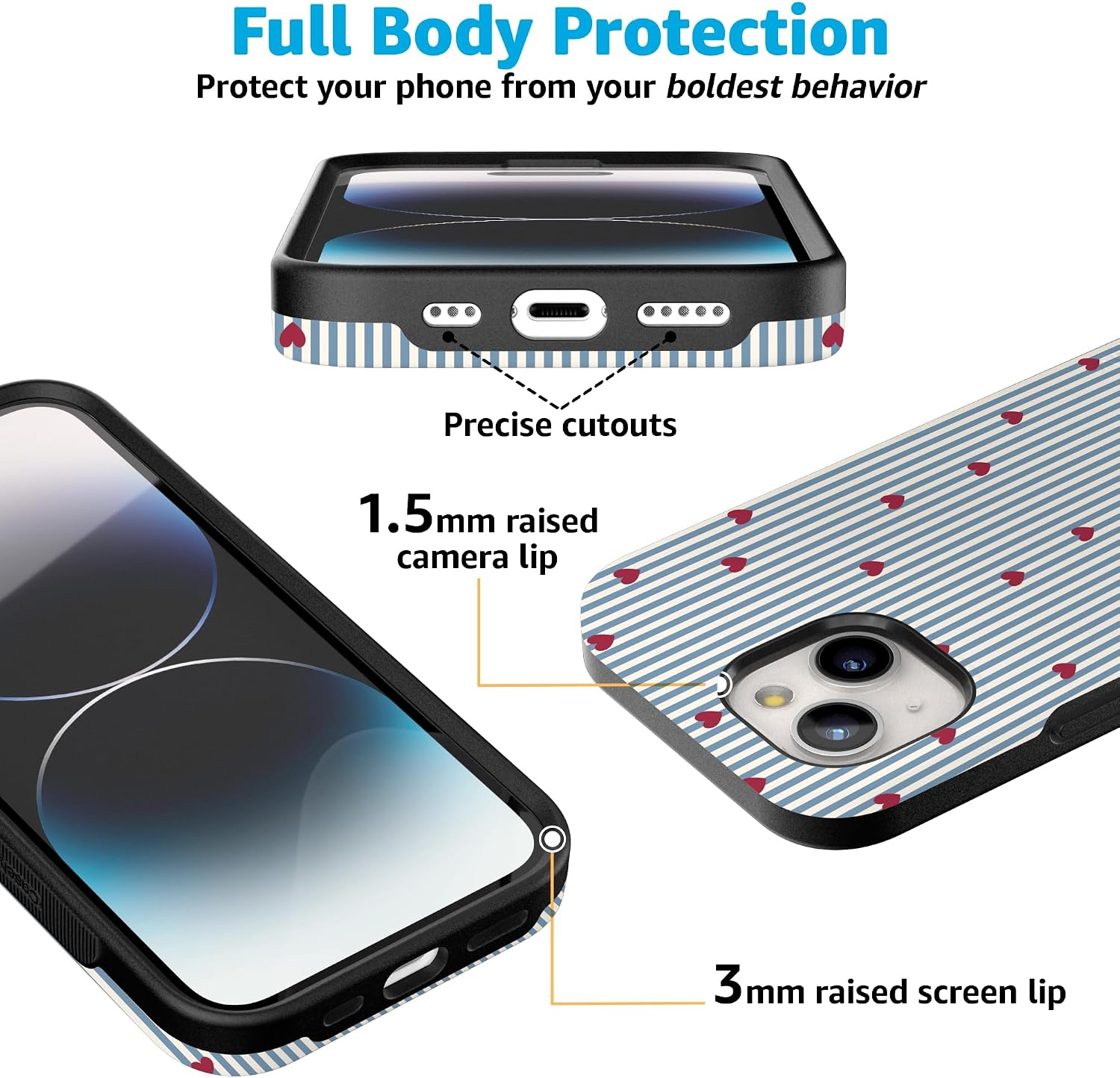 Casely iPhone 15 Plus Case | Love Lines | Blue Stripes | Bold Protective Design | MagSafe Compatible Design