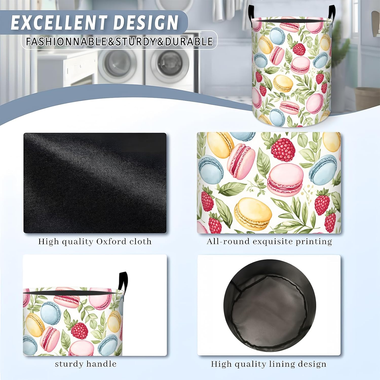 Sweet Macaron Laundry Basket, Green Leaves Flower Dessert Storage Hamper, Round Collapsible Waterproof Cloth Bin, 19.7x15.7 Inch Cute Cartoon Clothes Organizer Gifts for Bathroom Decor image 5