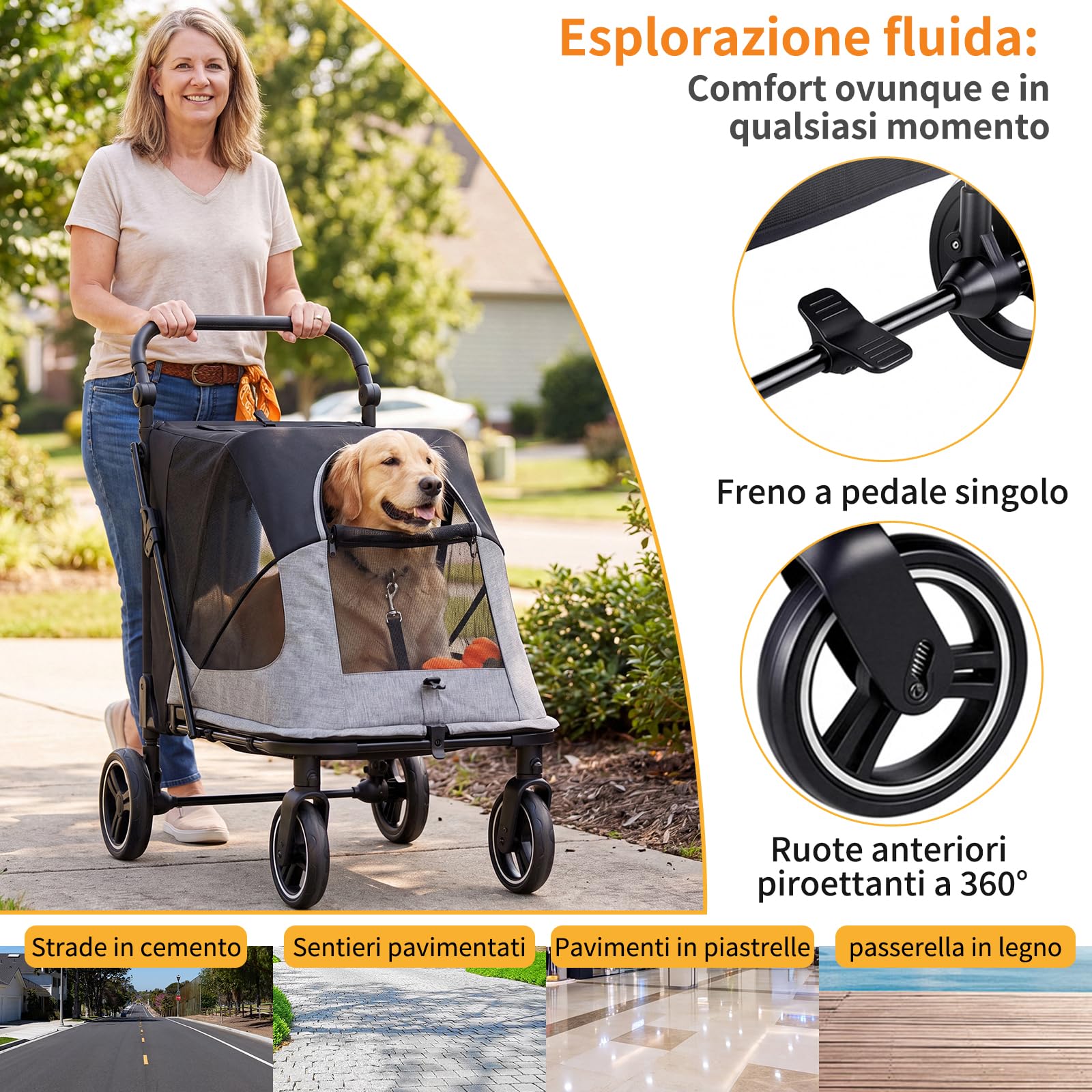MAMIZO Passeggino per Cani Pieghevole, Carrello per cani gatti fino a 30kg | Passeggino con 2 ingressi, Finestre a rete, Lucernario, tasca posteriore, Manico regolabile,4 PCS ruote, cani media e grande