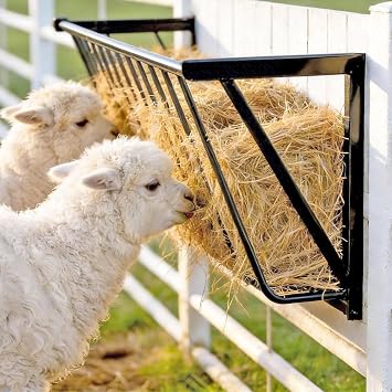 Goats Hay Feeder, 35.5 Long, Heavy Duty Iron Wall Hay Rack, Blanket Holder, Large Capacity for Goats,Horses,Cattle and Other Livestock, Farm Indoor and Outdoor Use, Black