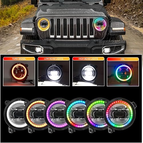 Miniatura 3 de UTVJATV Faros delanteros redondos LED RGB de 9 pulgadas, haz HiLlo de 80 W, 3000 lm Halo DRL con señal de giro para Jeep Wrangler JL 2018-2021 Jeep