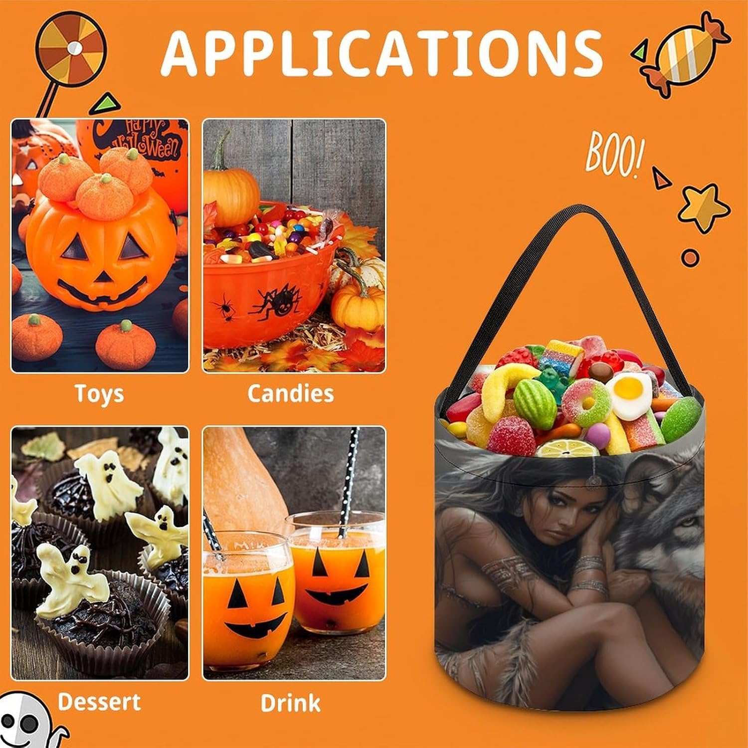 Indian Maiden Wolf Native-Am-erica Candy Bag Halloween Treat Goody Bags Party Basket Handbag Holiday Decor