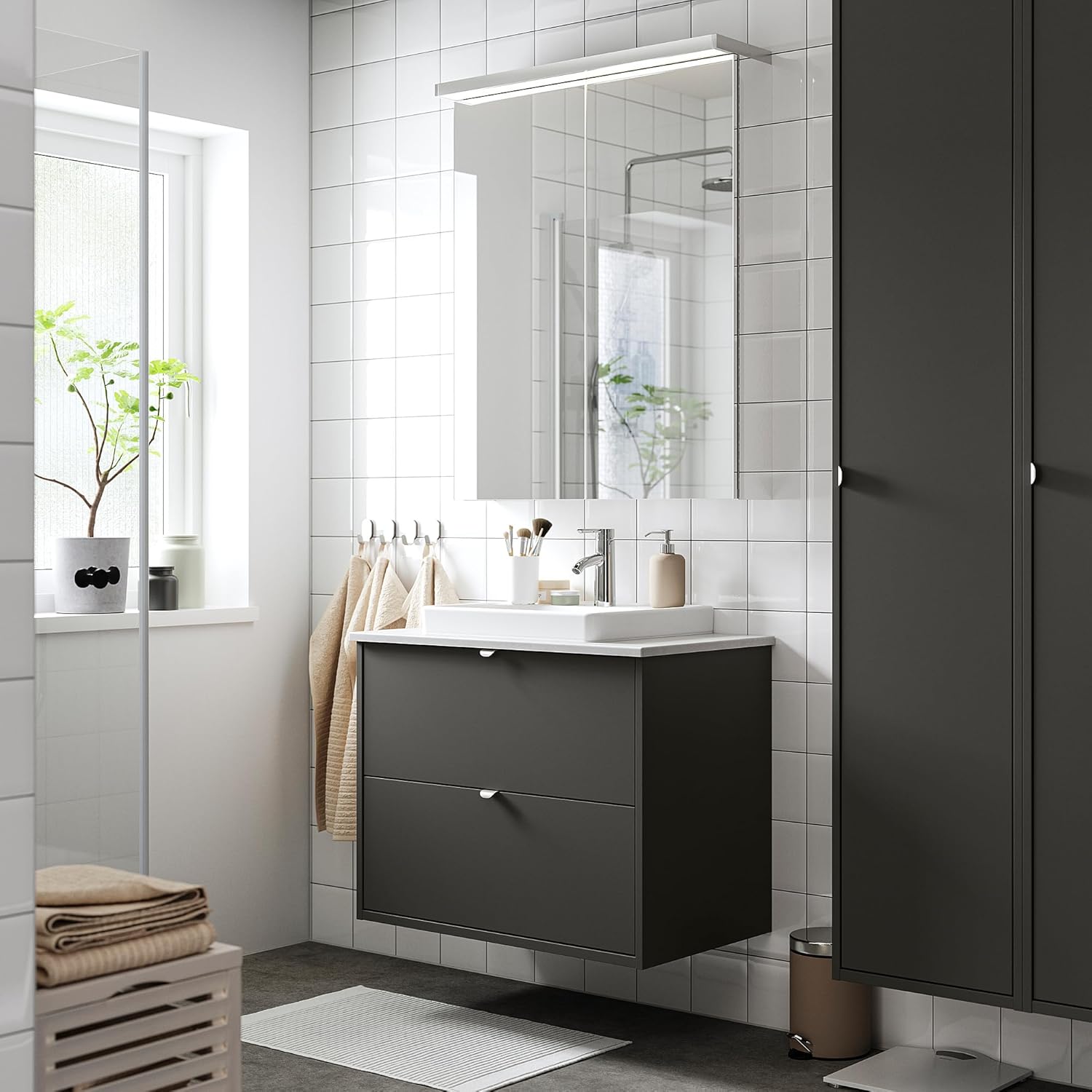 HAVBÄCK/ORRSJÖN Wash-stnd w drawers/wash-basin/tap, dark grey/grey stone effect, 82x49x71 cm