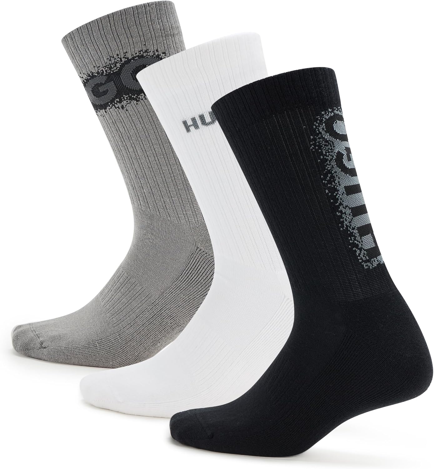 HUGO Men's 3 Pack Bold Logo Ribbed Cotton Socks