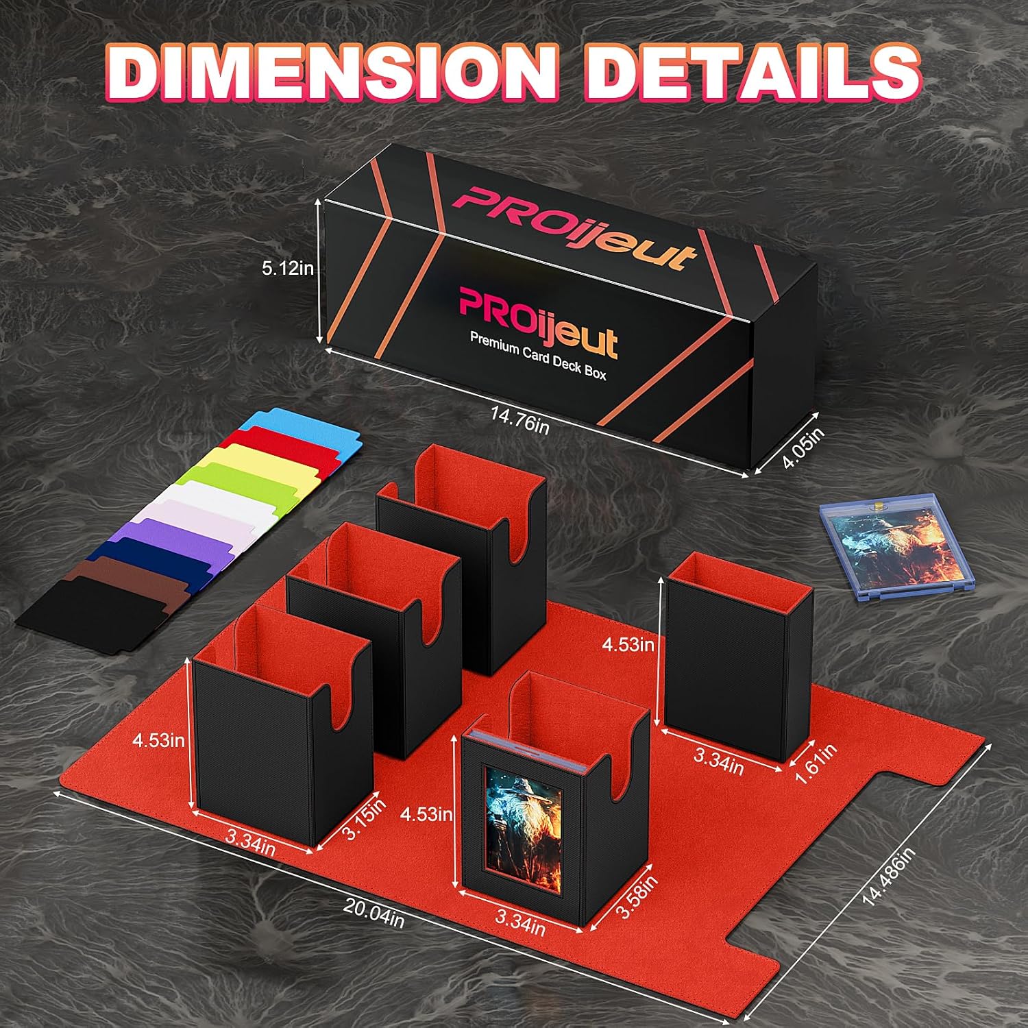 Proijeut 5 IN 1 Card Deck Box with Commander Display, Holds 800+ Cards, Includes 35pt Magnetic Card Holder and 10 Colorful Dividers(Black&Red)