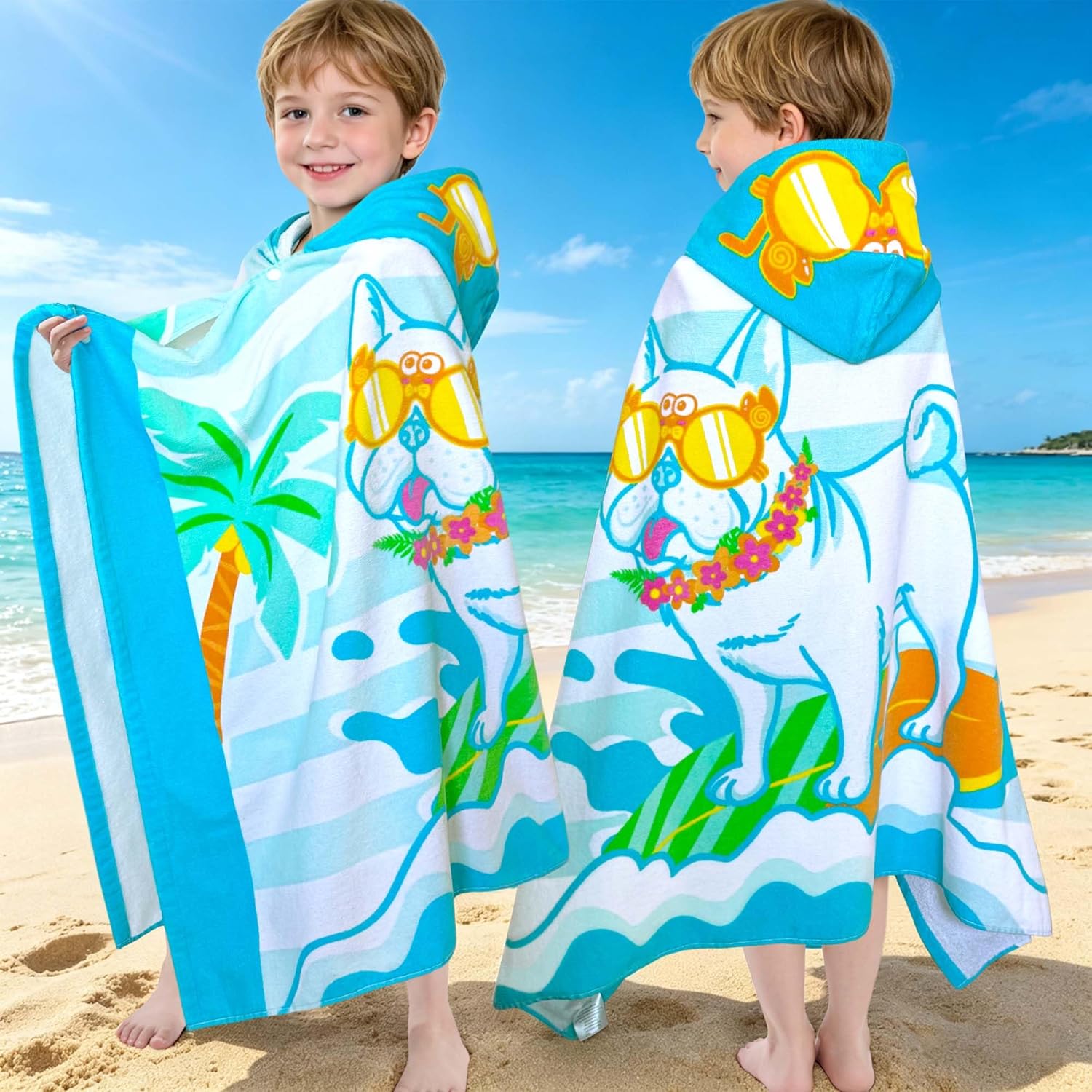 VOOVA & MOVAS Hooded Towel for Kids Age 3-8, Large 30"x50" 100% Cotton Soft Thick Absorbent Wearable Wrap, Stripe Dog Design Bath & Swim Towel for Beach Pool, Birthday Gift for Boys & Girls