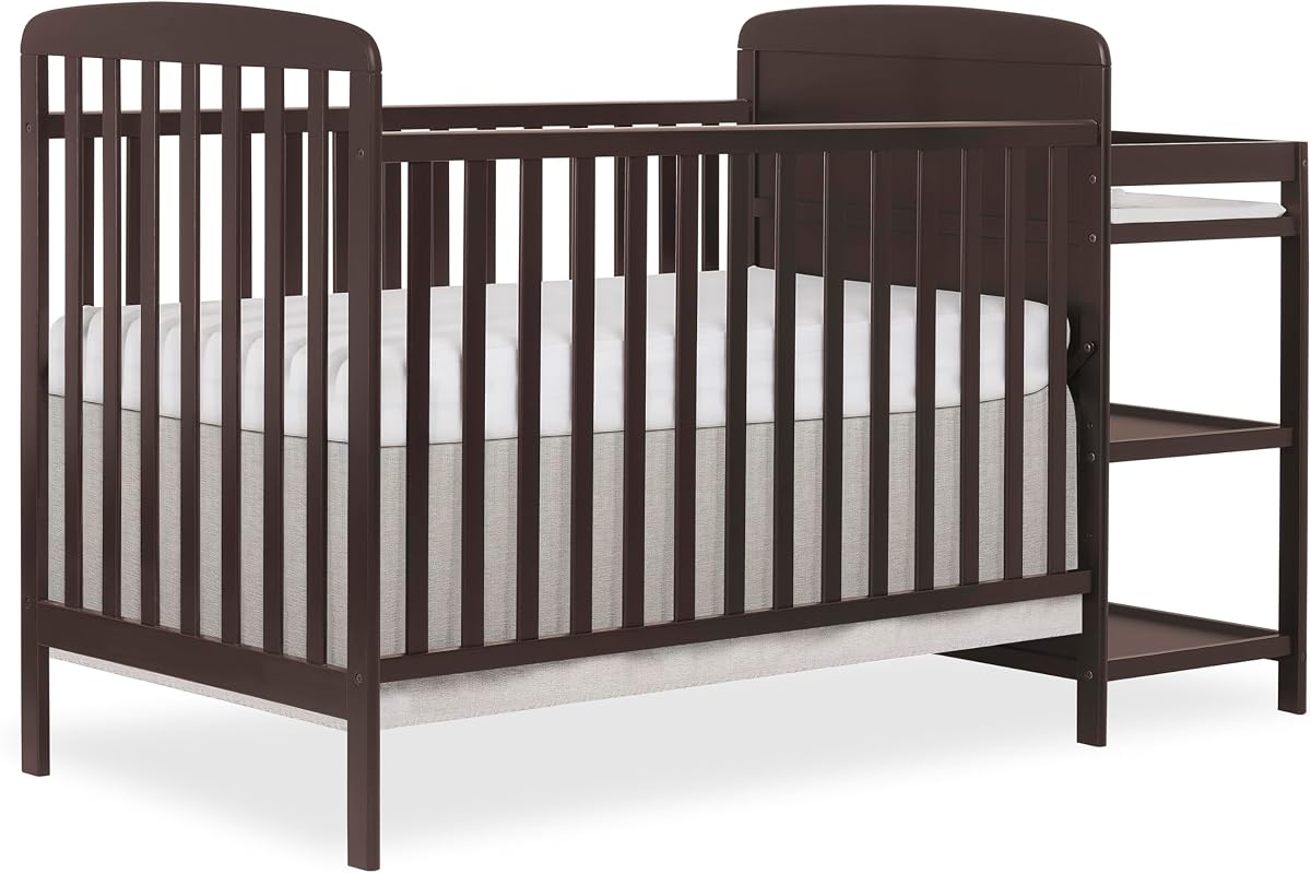 Dream On Me Anna 3-in-1 Convertible Crib and Changer, GREENGUARD Gold | Storage Shelves, Converts to Day & Toddler Bed, 3 Mattress Height, BSA Verified, 50 Lb Limit, Non Toxic Finish, Chocolate