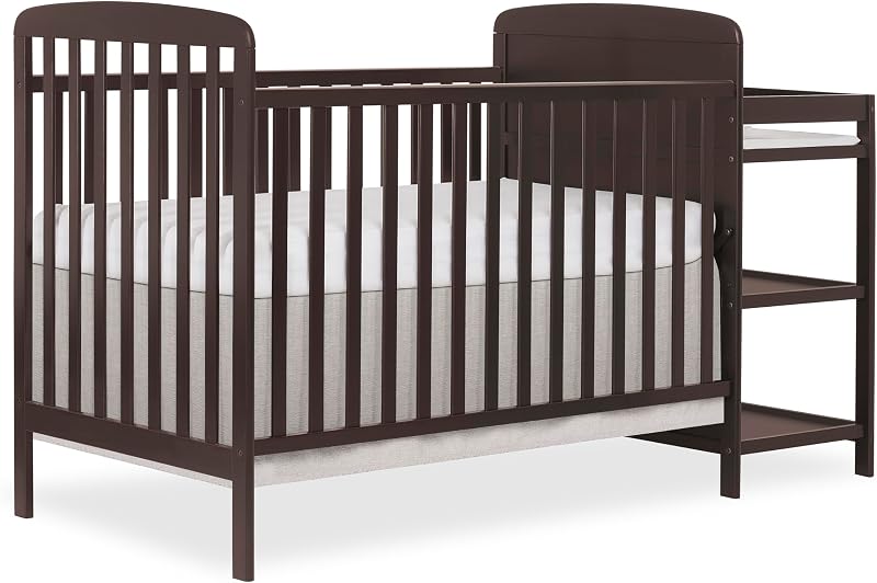 Dream On Me Anna 3-in-1 Convertible Crib and Changer, GREENGUARD Gold | Storage Shelves, Converts to Day & Toddler Bed, 3 Mattress Height, BSA Verified, 50 Lb Limit, Non Toxic Finish, Chocolate