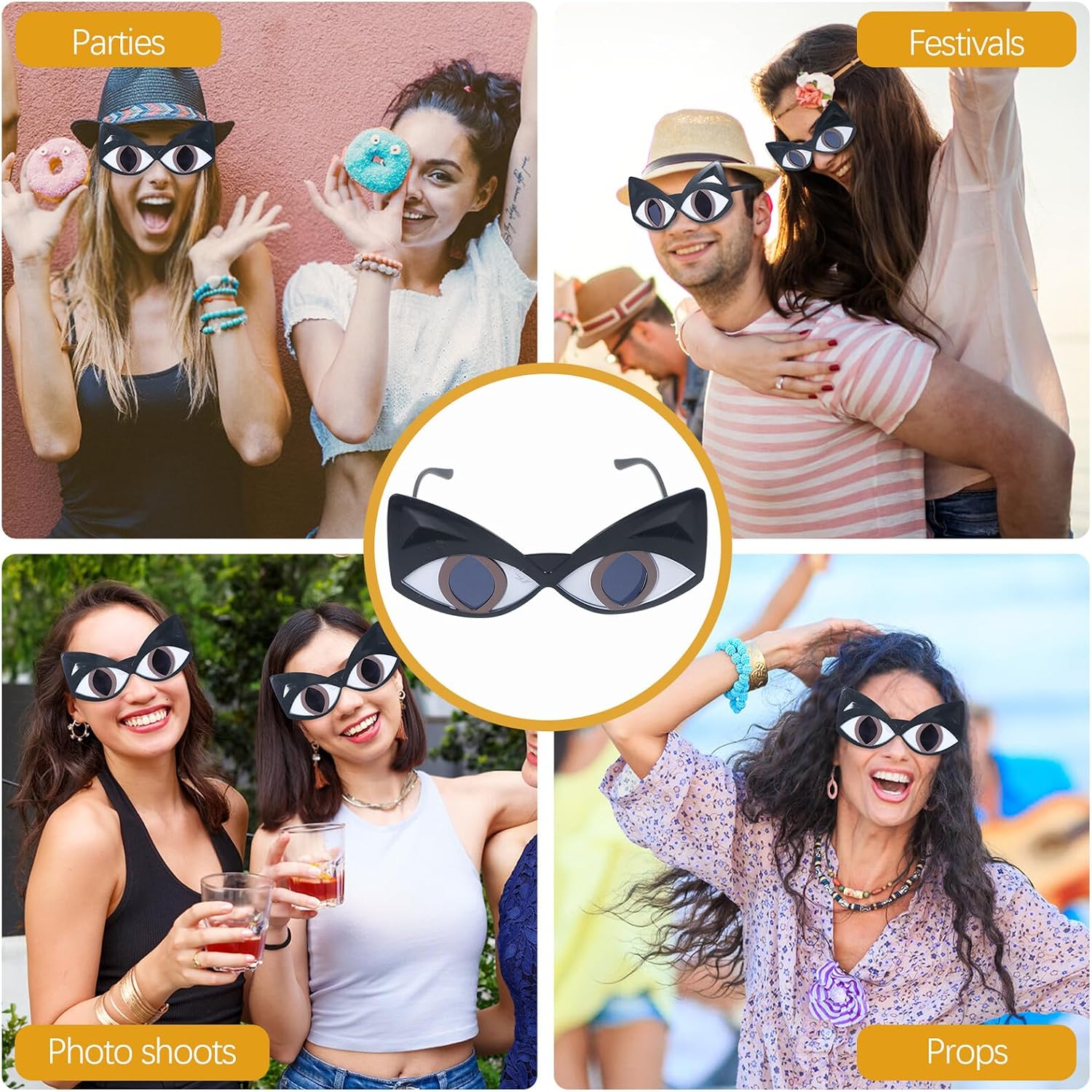 2 Pairs Cat Eye Sunglasses Party Glasses Props Black Irregular Chic Eyewear for Women Adults Eye-catching Fashion Accessories for Christmas and Costume Events