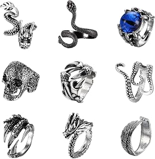 9-12Pcs Vintage Punk Rings for Men Women Snake Dragon Skull Claw Octopus Adjustable Cool Open Ring Set Retro Gothic Jewelry