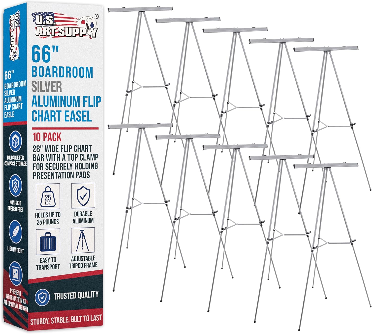 U.S. Art Supply 66" High Boardroom Classroom Silver Flip Chart Easel 10Pack