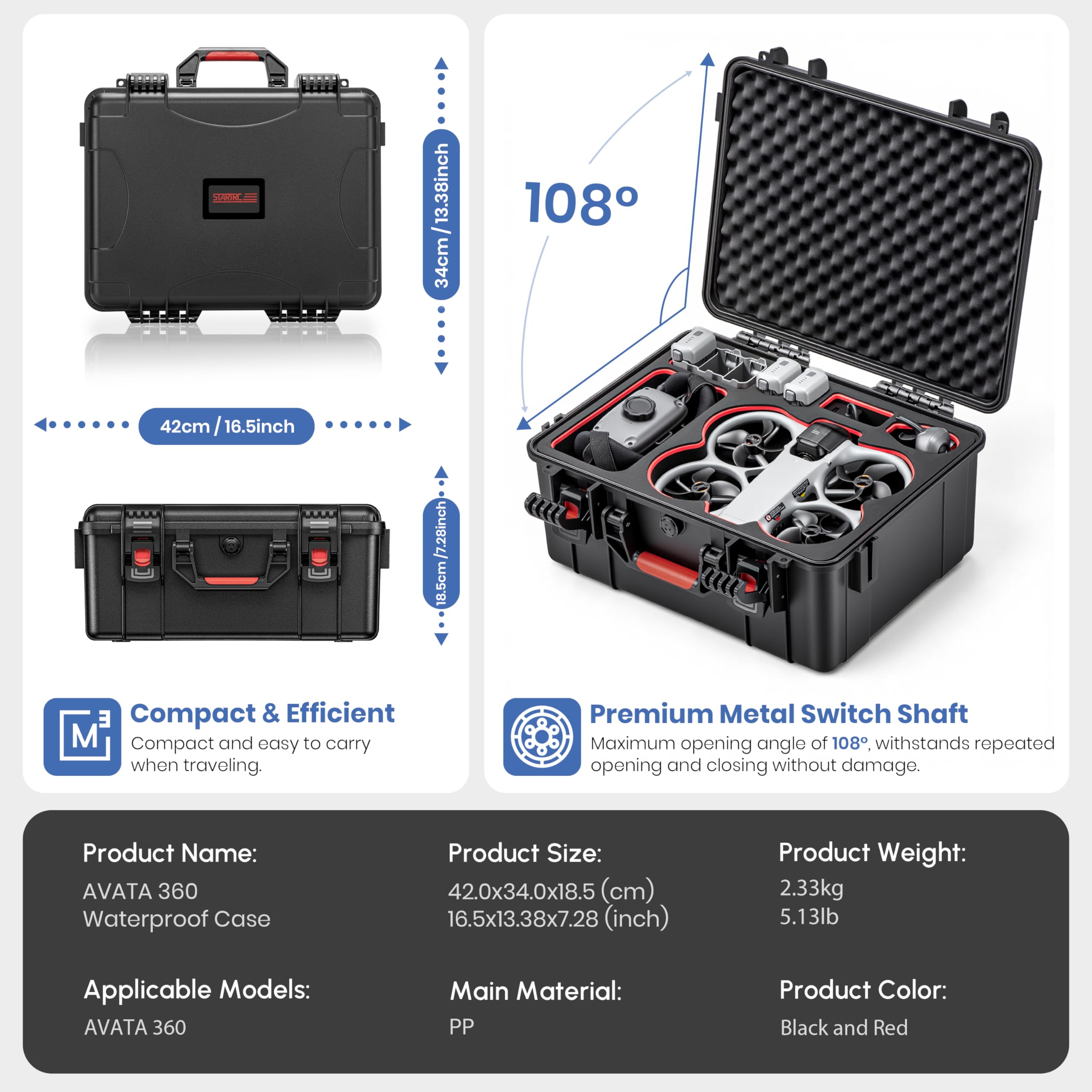 STARTRC Avata 360 Koffer, Wasserdichter Hartschalen Tasche für DJI Avata 360 Fly More Combo Zubehör für DJI RC 2/RC Motion 3 Controller, Goggles N3, 6 Akkus & Ladegerät [NUR KOFFER]