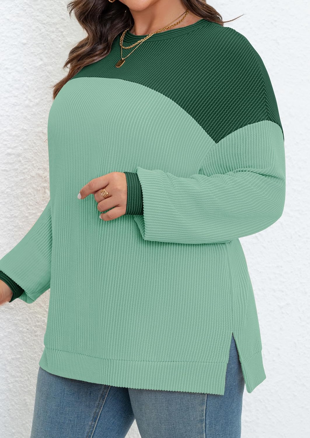 Womens Plus Size Sweatshirt Color Block Side Split Long Sleeve Crewneck Casual Loose Pullover Shirt Top - Image 3