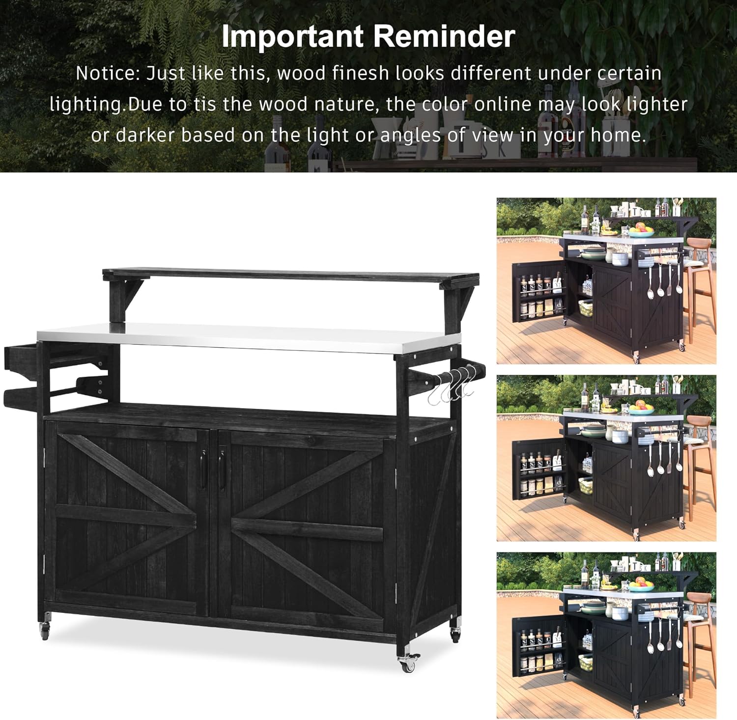 Rustic 53.3" Outdoor Kitchen Island with Raised Shelf,Solid Wood Storage Cabinet with Stainless Steel Top,Rolling Grill Cart with Internal Storage Rack, Adjustable Shelf, Spice Rack (Black#r)