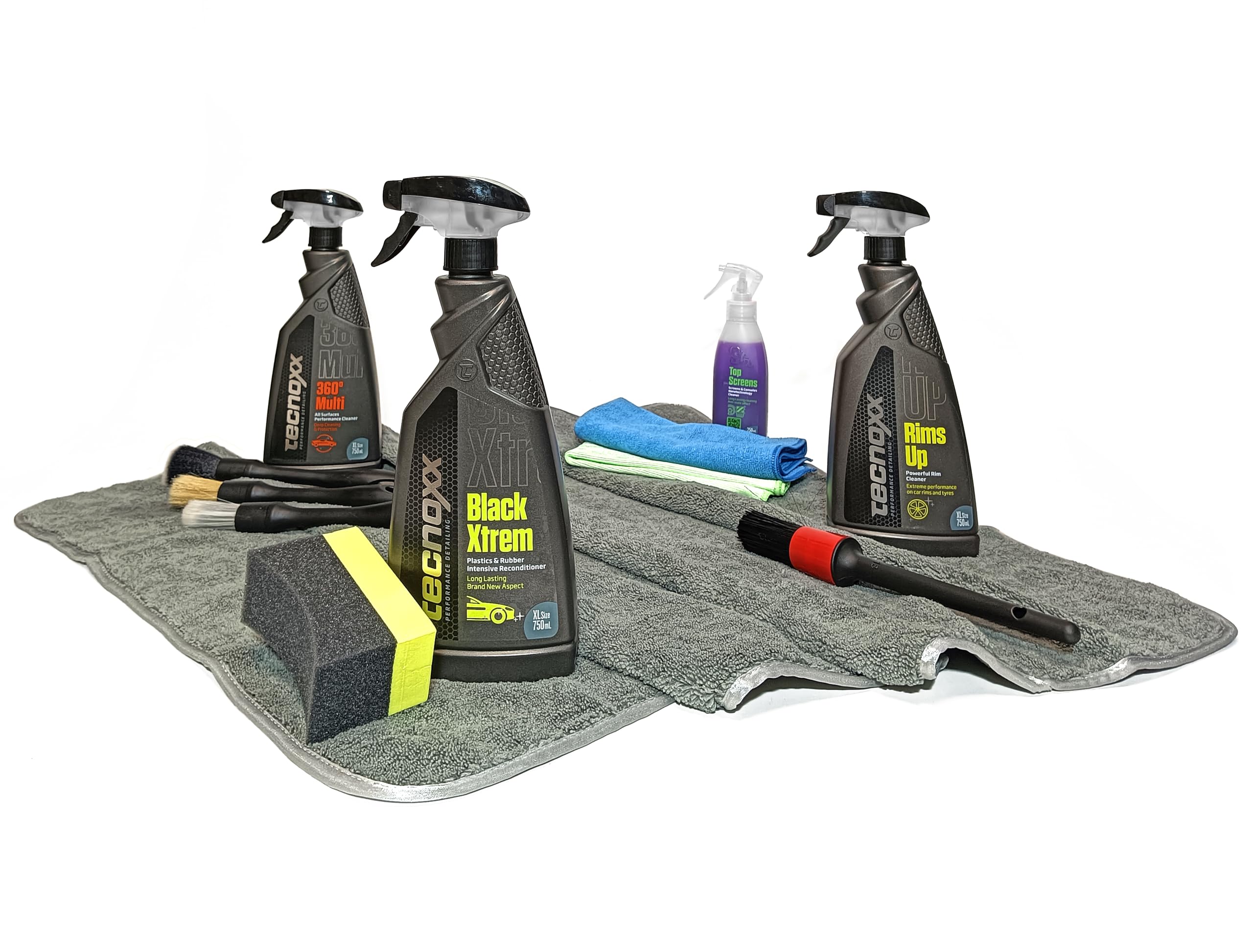 Tecnoxx - Kit Full Detailing PRO Set Completo 9 Prodotti per la Pulizia e la Manutenzione Interna ed Esterna delle Auto Include Lucidante Pulitore Cerchi Schizzi Rivestimenti Interni Insetti e Altro