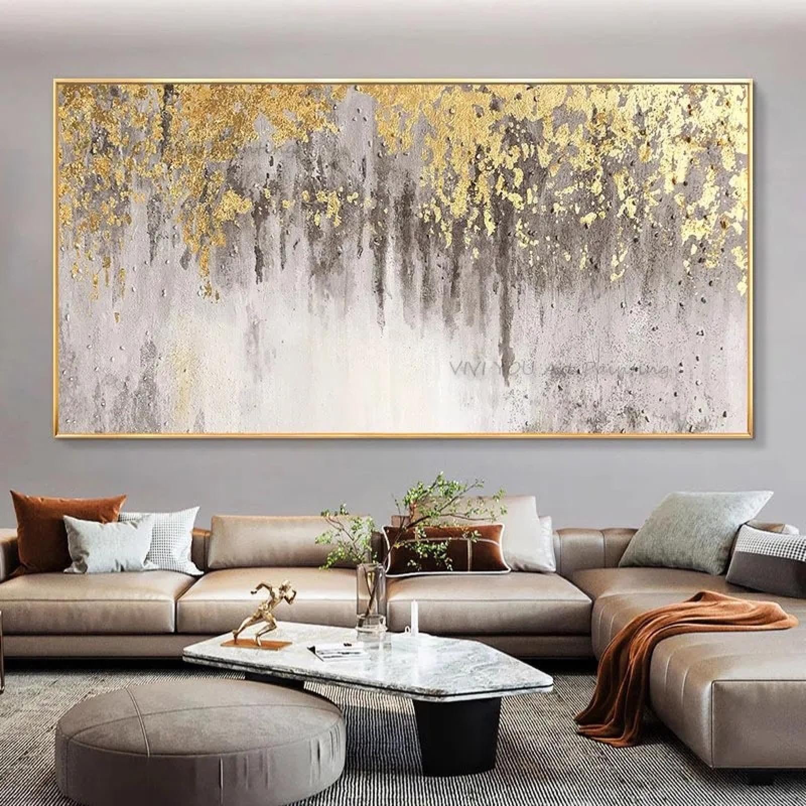HOLEILUCK Kunst-Wandbilder für Heimdekoration, Leinwand, Ölgemälde, extra groß, abstraktes Goldfolienbild für Wohnzimmer, 100 x 200 cm, ungerahmt