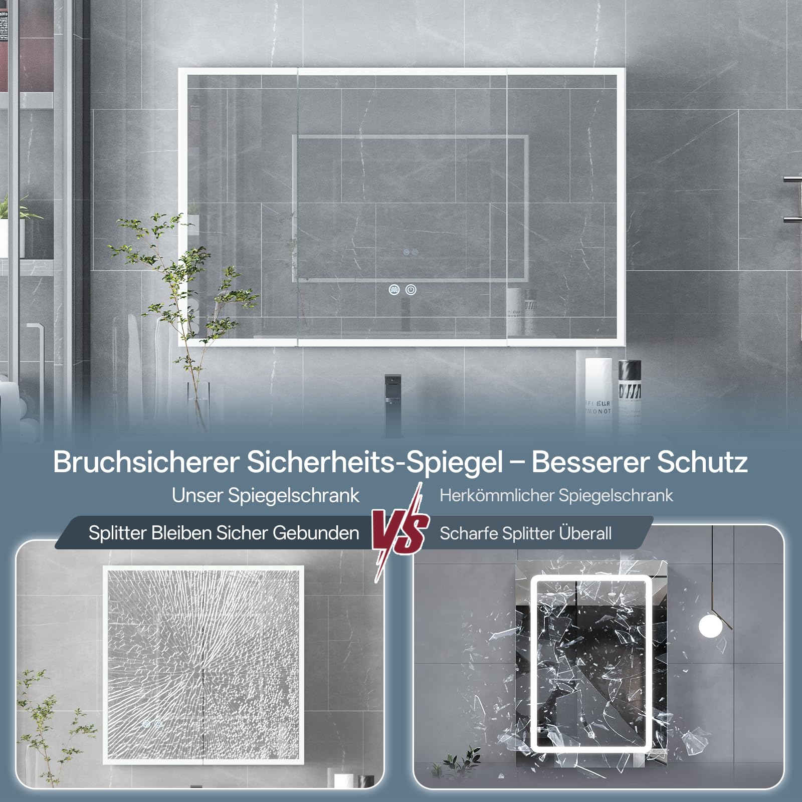 HySail Spiegelschrank Bad mit Beleuchtung, 3 Farbtemperaturen & Dimmbare Helligkeit, 95x60x14 cm Badezimmer Spiegelschrank mit Touch-Schalter, Anti-Beschlag & Steckdose, Komplett Vormontiert
