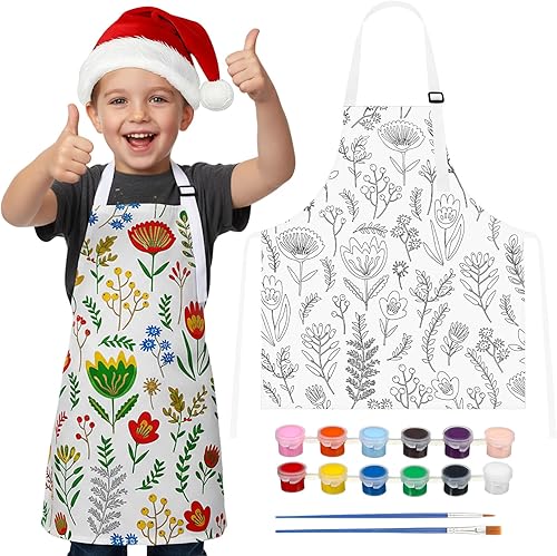 Vesici Juego de regalo para colorear tu propio delantal para niños, delantal de flores de pintura con 12 tiras de pintura acrílica y 2 pinceles,