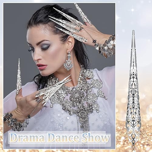 Miniatura 9 de Paquete de 20 anillos de uñas de Halloween de reina antigua, garra de metal para nudillos para Halloween, mujeres, cosplay, disfraces, espectáculo