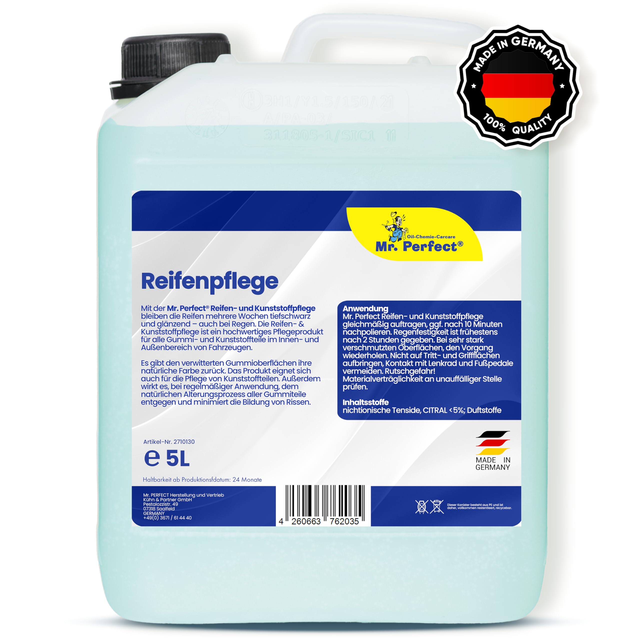 Mr. Perfect® 5L Reifenglanz - Auto Kunststoffpflege & Gummipflege für Außen - Schwarz - Reifenpflege für Reifenglanz - Autoreifen Pflege und Reifen Reiniger - Reifenschwarz Auto