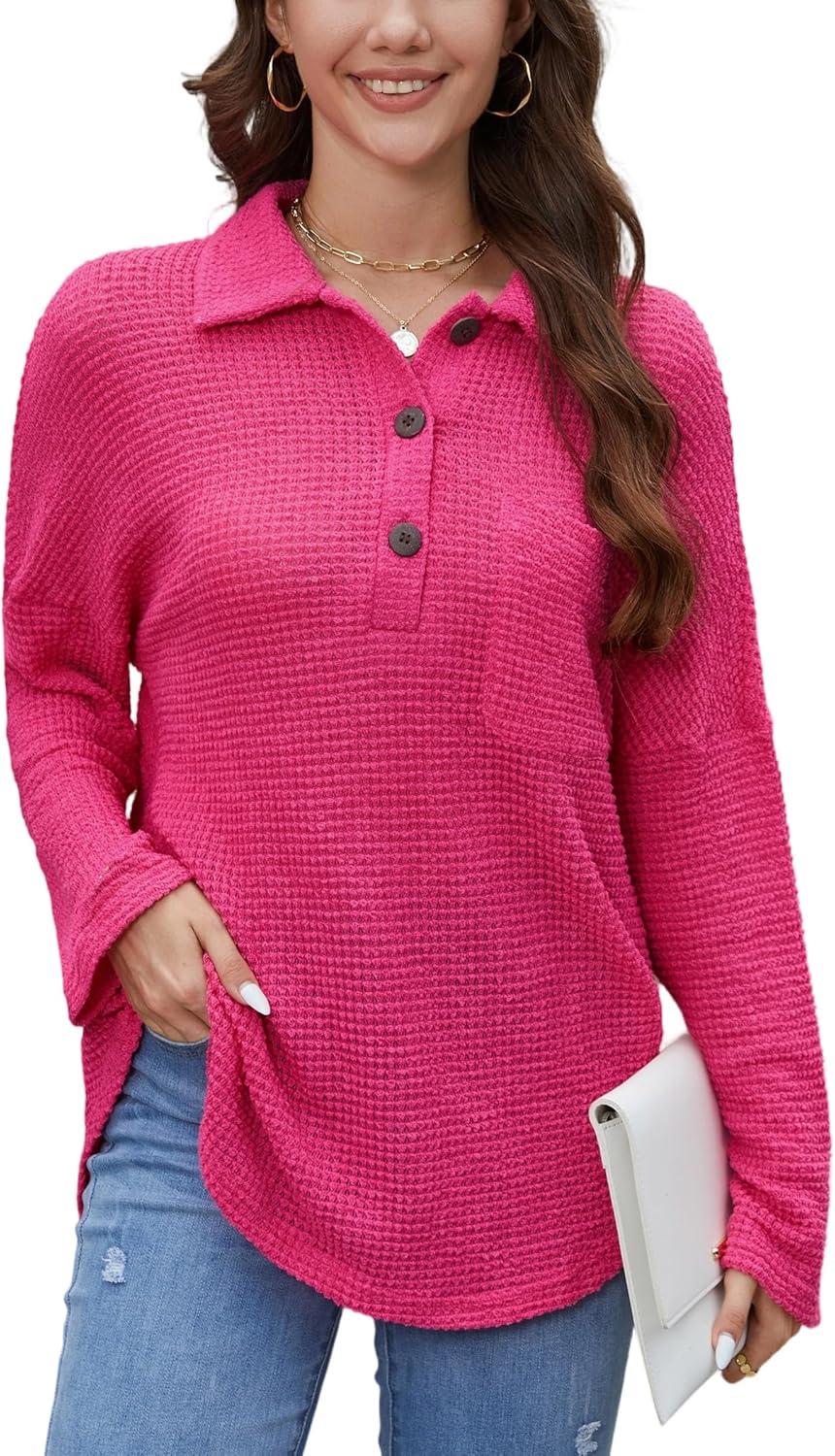 Women Waffle Knit Tops Long Sleeve Henley Shirts Womens Button-Up Casual V Neck Tunic Fall Pullover Sweater