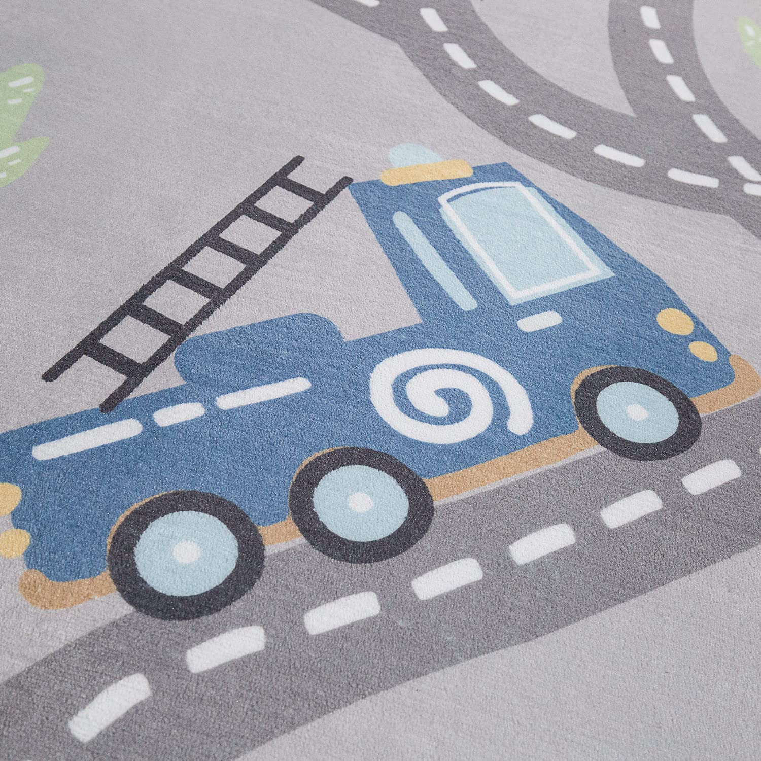 Tapis Enfant Rond 80 Cm Paco Home - Motif Route Avec Voitures Et Avions, Polyester Antidérapant, Couleur Gris/vert/bleu