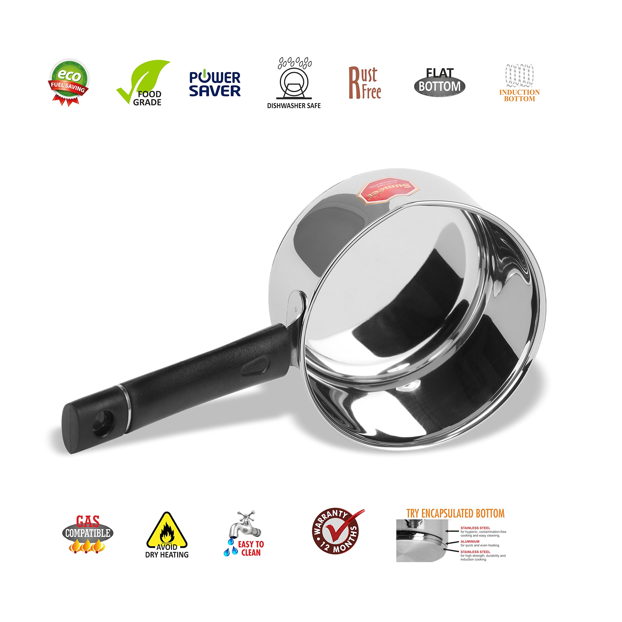 Sumeet Stainless Steel Induction Bottom (Encapsulated Bottom) Induction & Gas Stove Friendly Sauce Pan Size No. 11 (1.5 Ltr)
